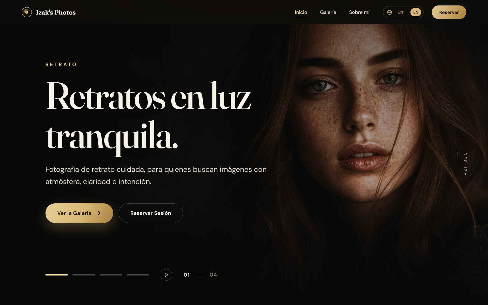 Spanish home page with the headline Retratos en luz tranquila and the language switcher on ES