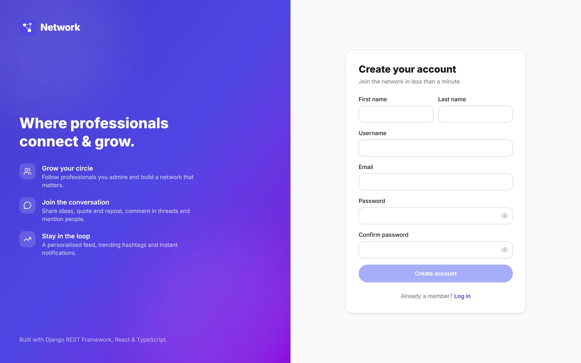 Sign-up form with first name, last name, username, email and password
