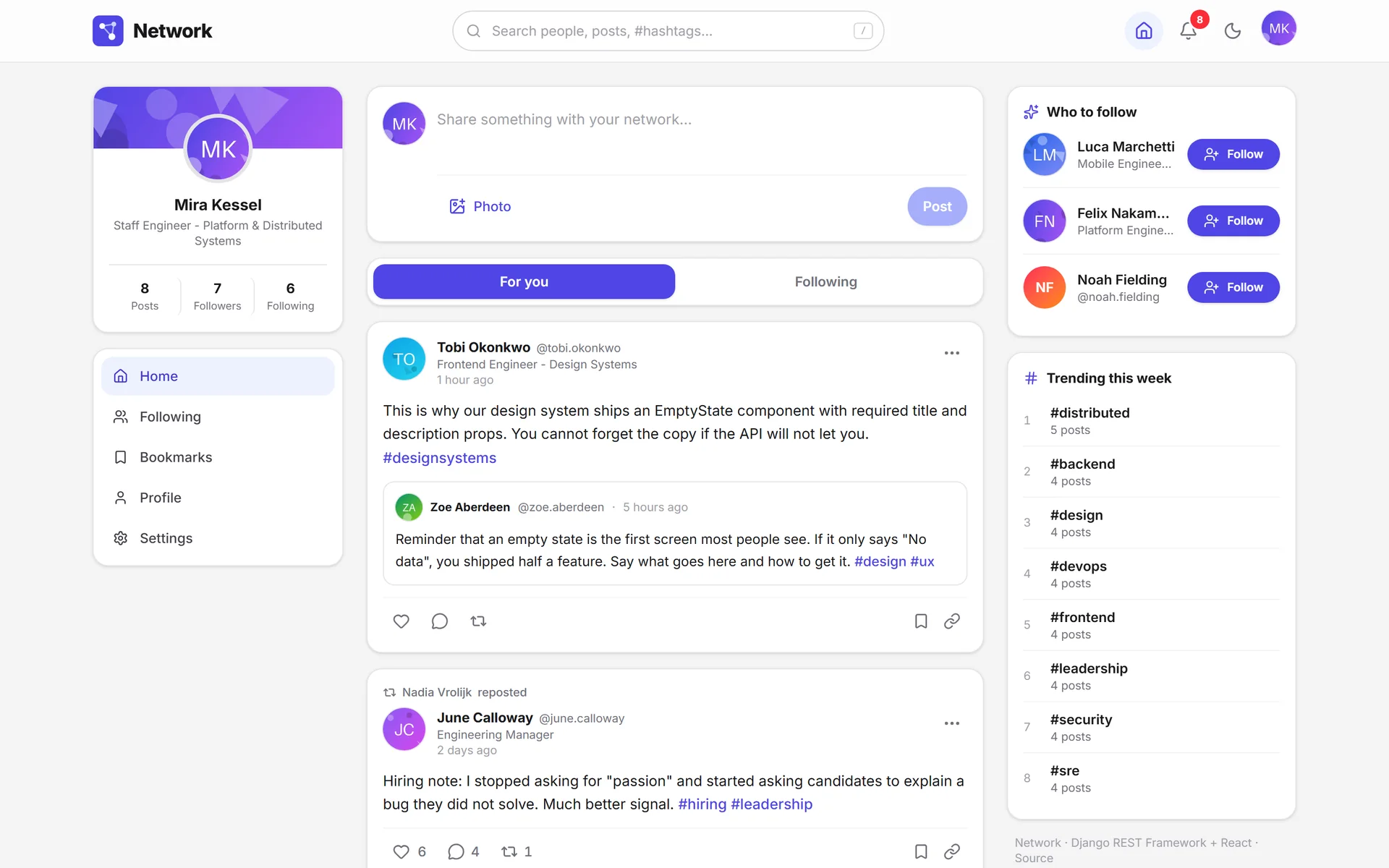 Network feed with the composer, the For you and Following tabs, posts, who-to-follow suggestions and trending hashtags