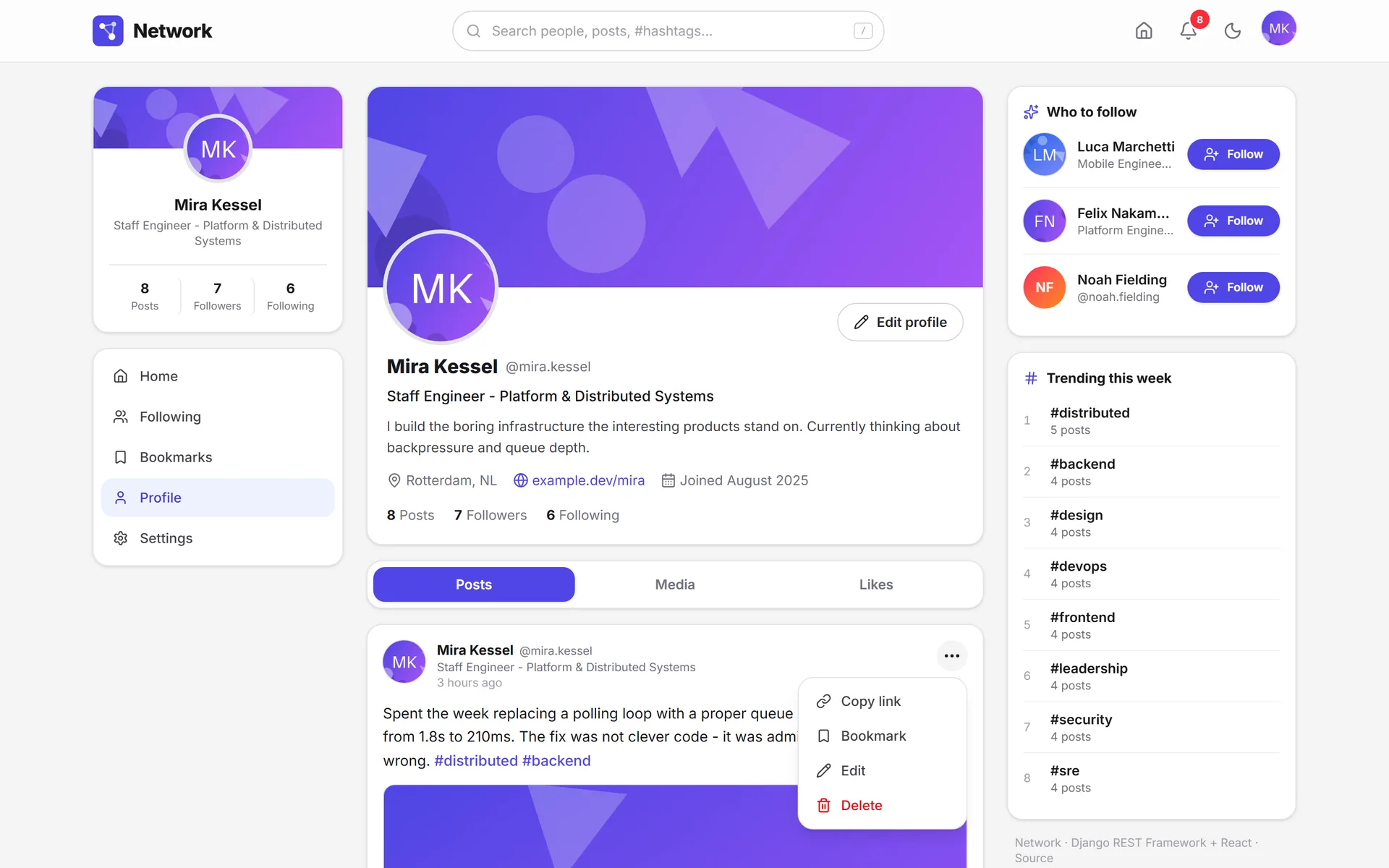 Menu on your own post with copy link, bookmark, edit and delete