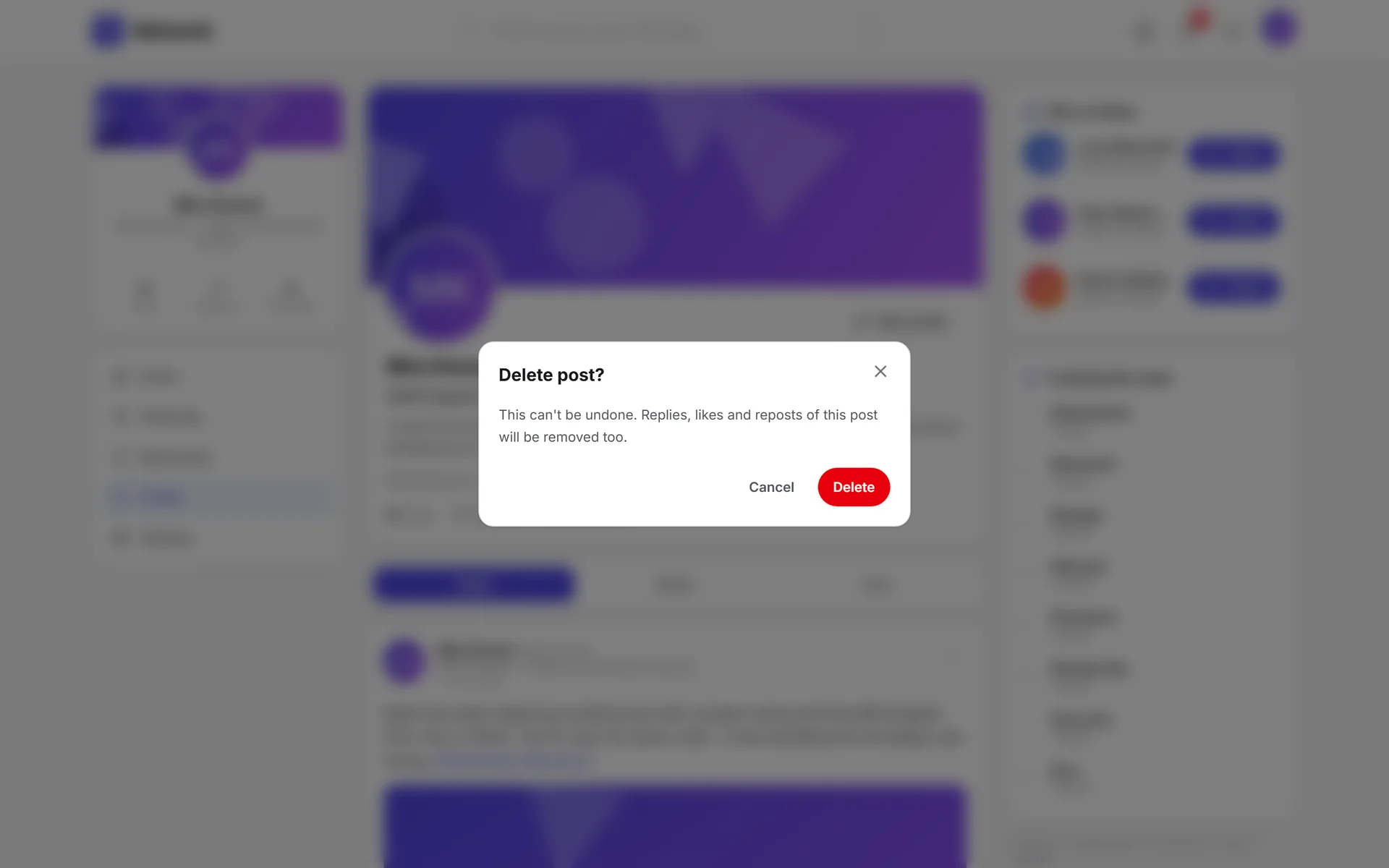 Dialog to delete a post, warning that its replies, likes and reposts go with it