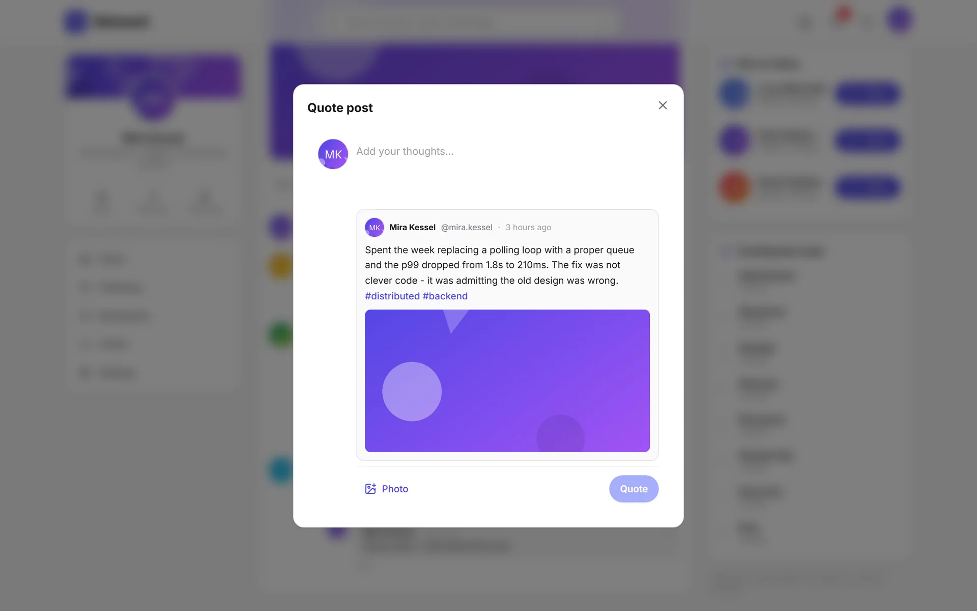 Modal to quote a post, with the original embedded below the text field
