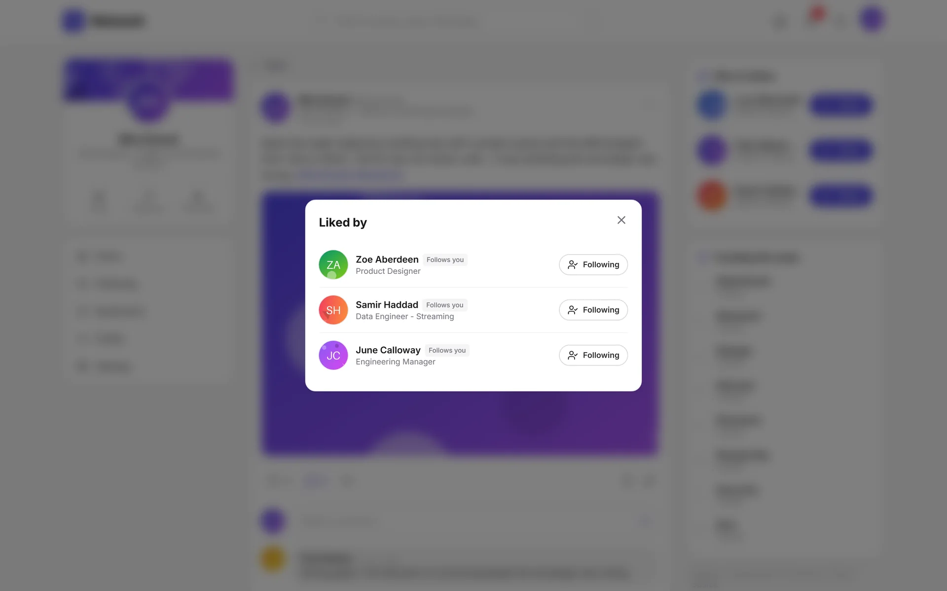 Liked by modal with three people, their headline and their follow button