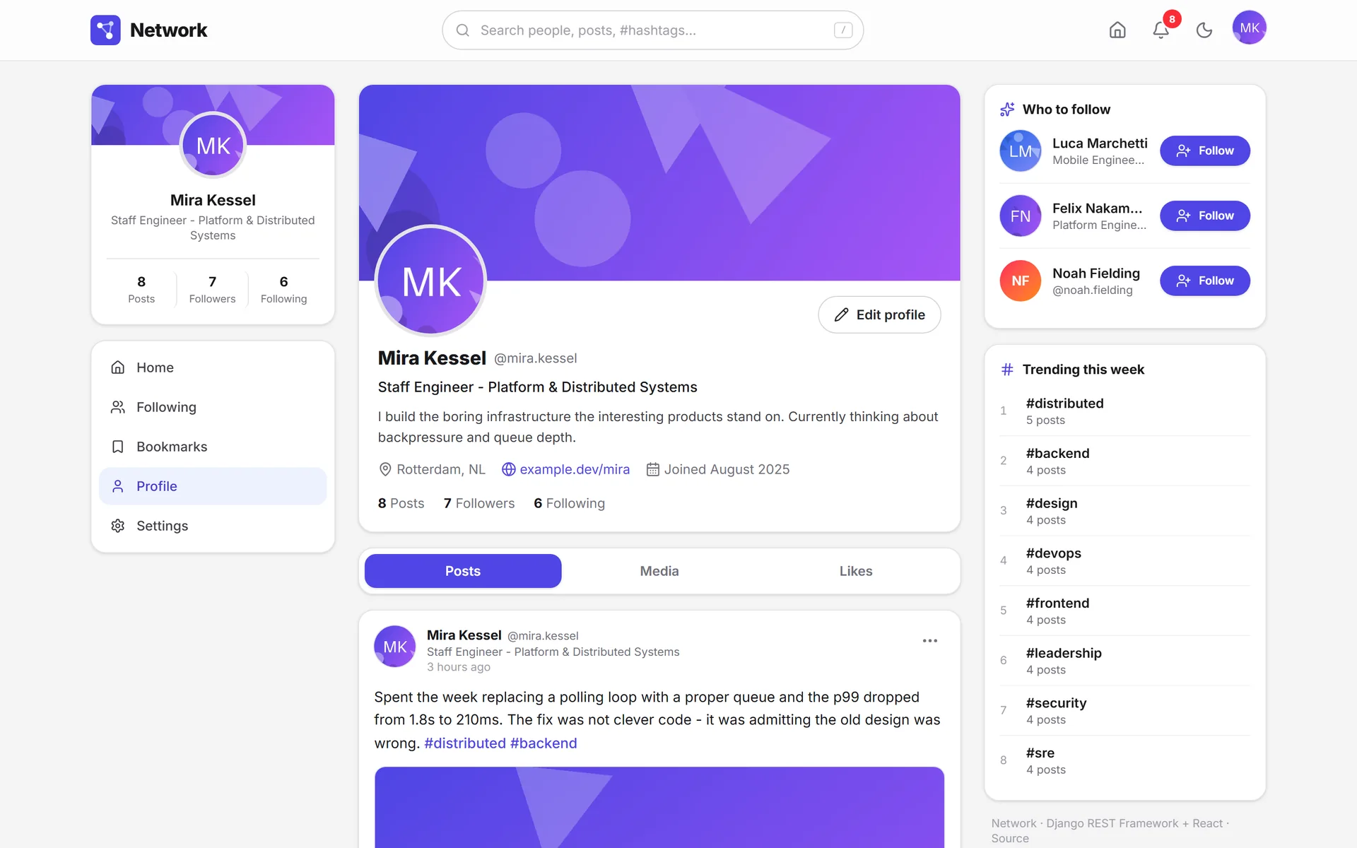 Your own profile with cover, avatar, headline, bio, location, website, counters and Posts, Media and Likes tabs