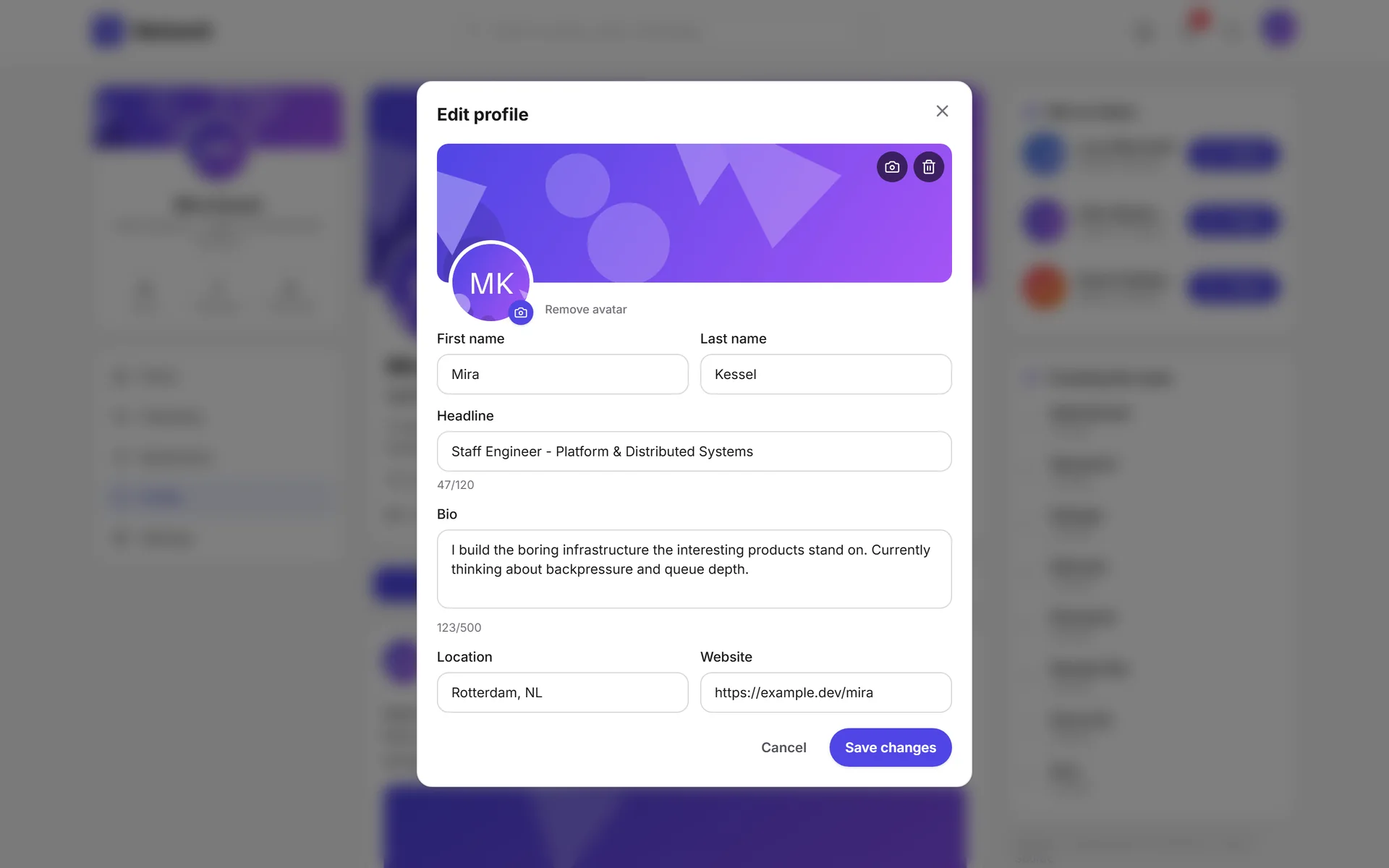 Modal to edit the profile with cover, avatar and fields with character counters