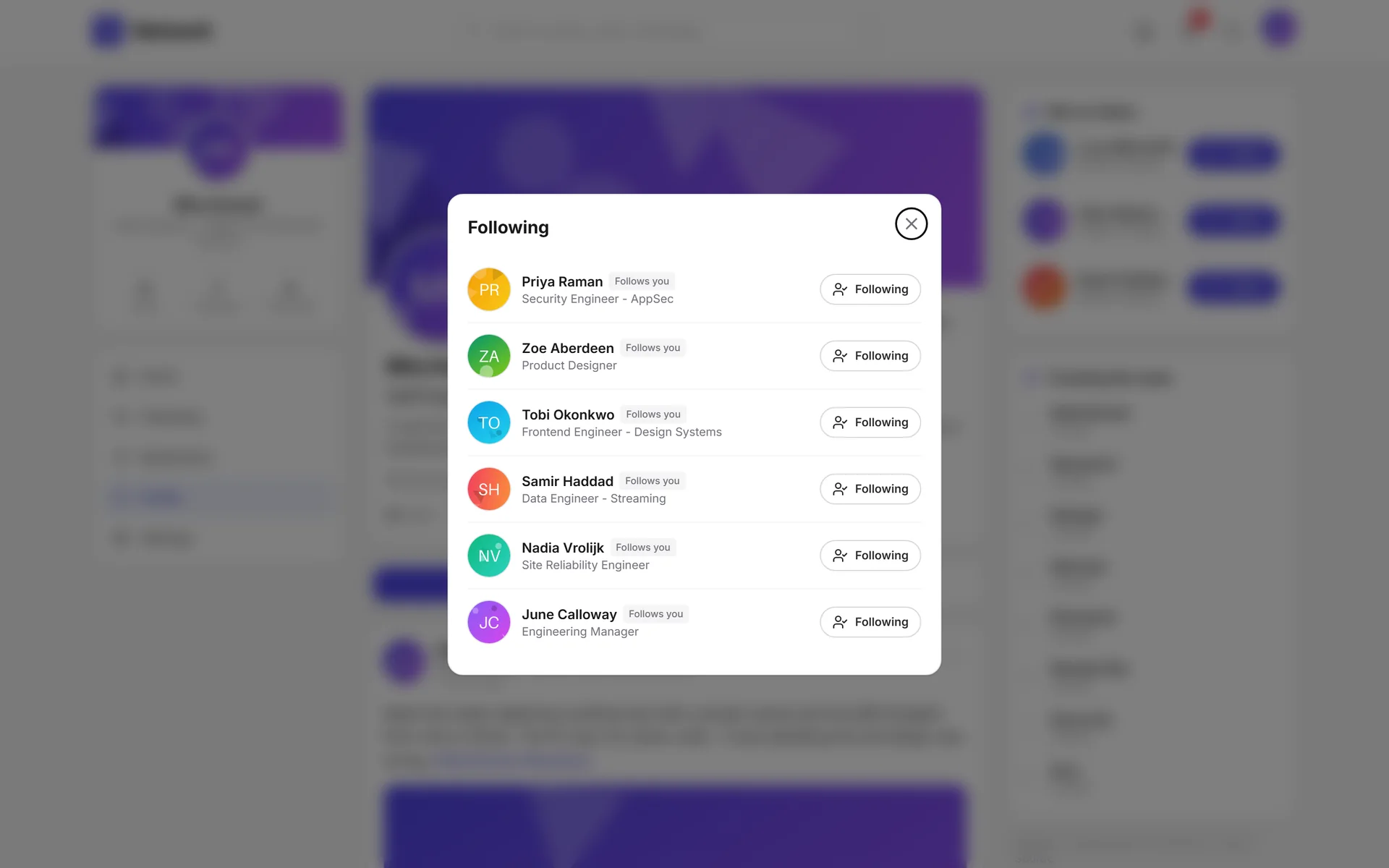 Following modal with people's headlines and follow buttons