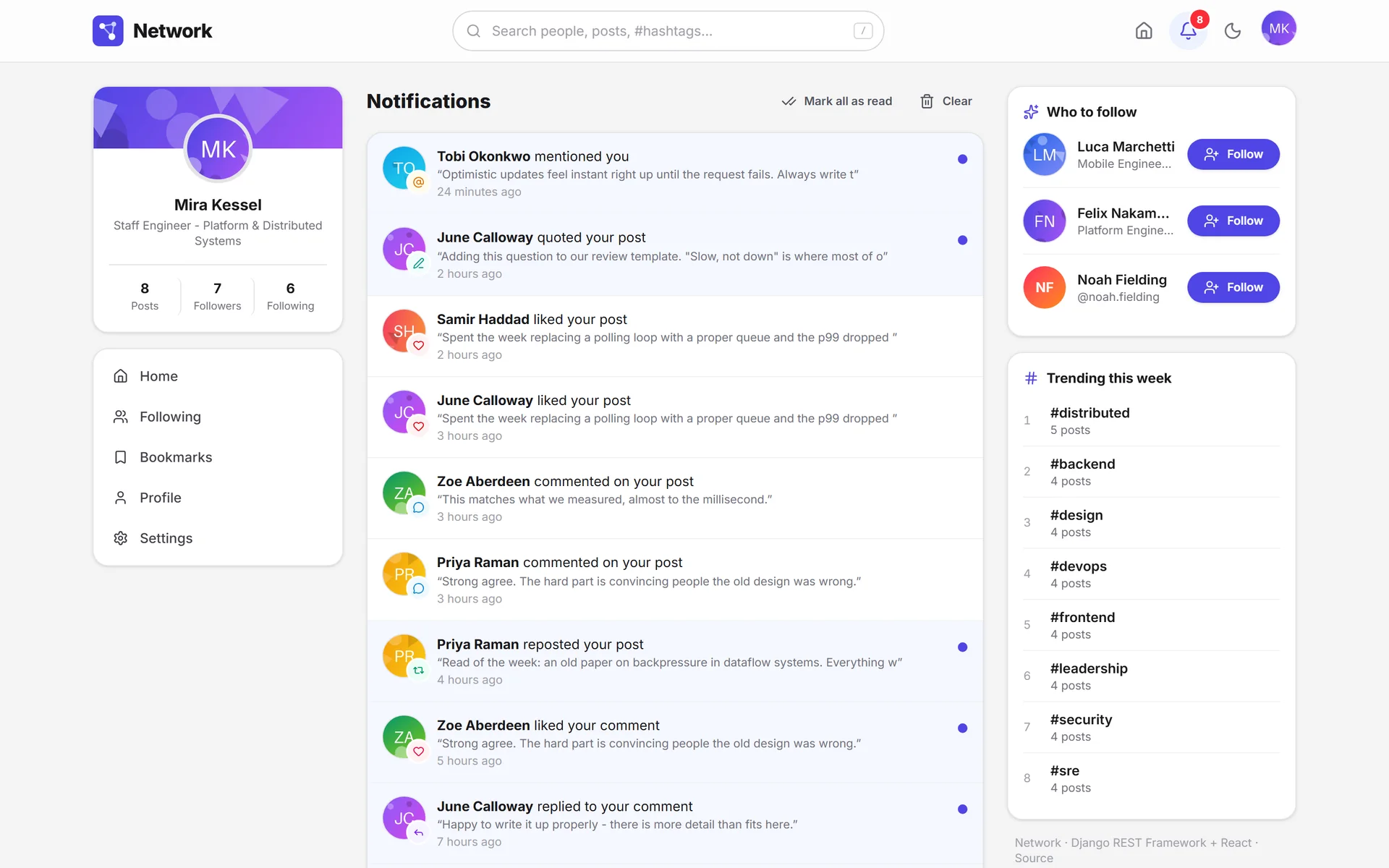 Notification center with mentions, quotes, likes, comments, reposts and replies, each with its own icon and color