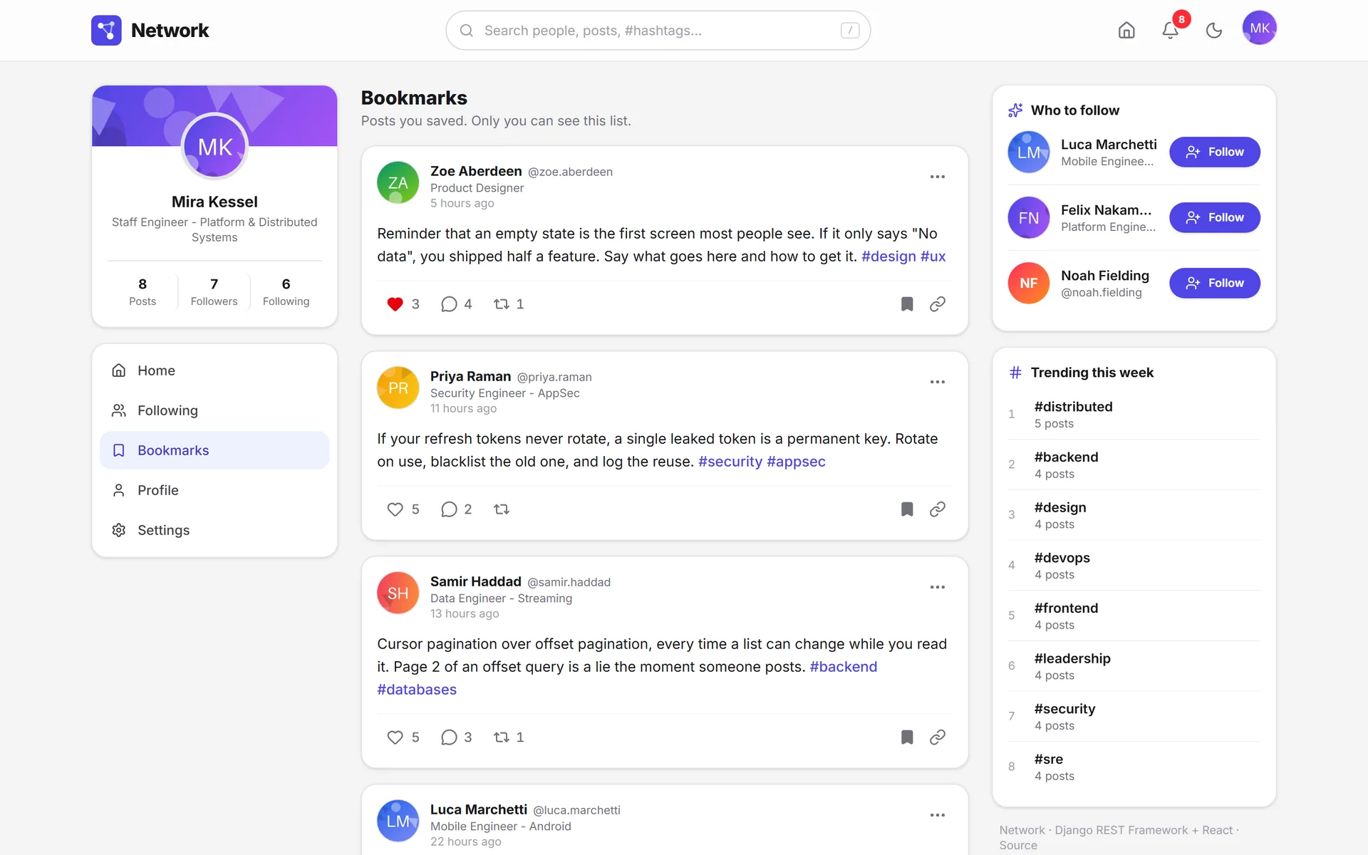 Bookmarks page with saved posts and a note that only you can see the list