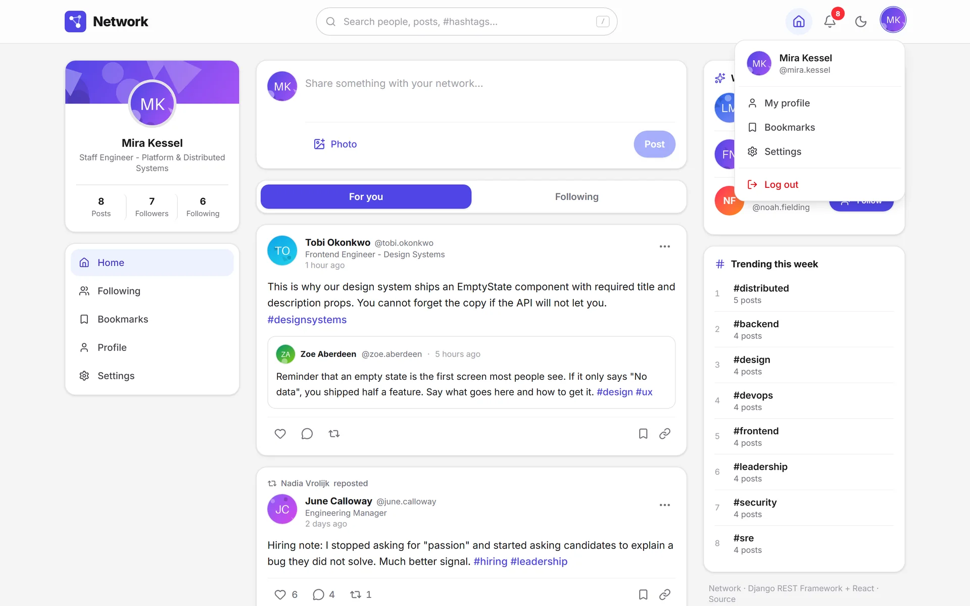 Account menu open with profile, bookmarks, settings and sign out