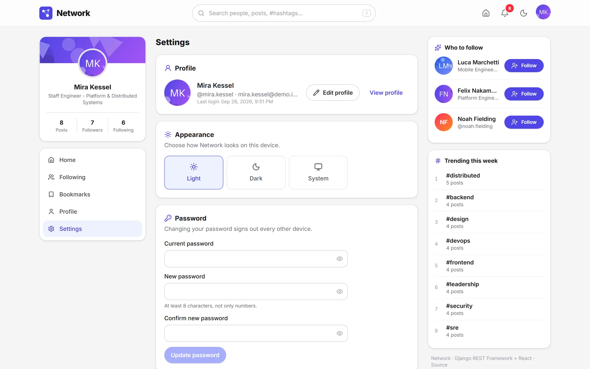 Settings with profile, light, dark or system appearance, and password change