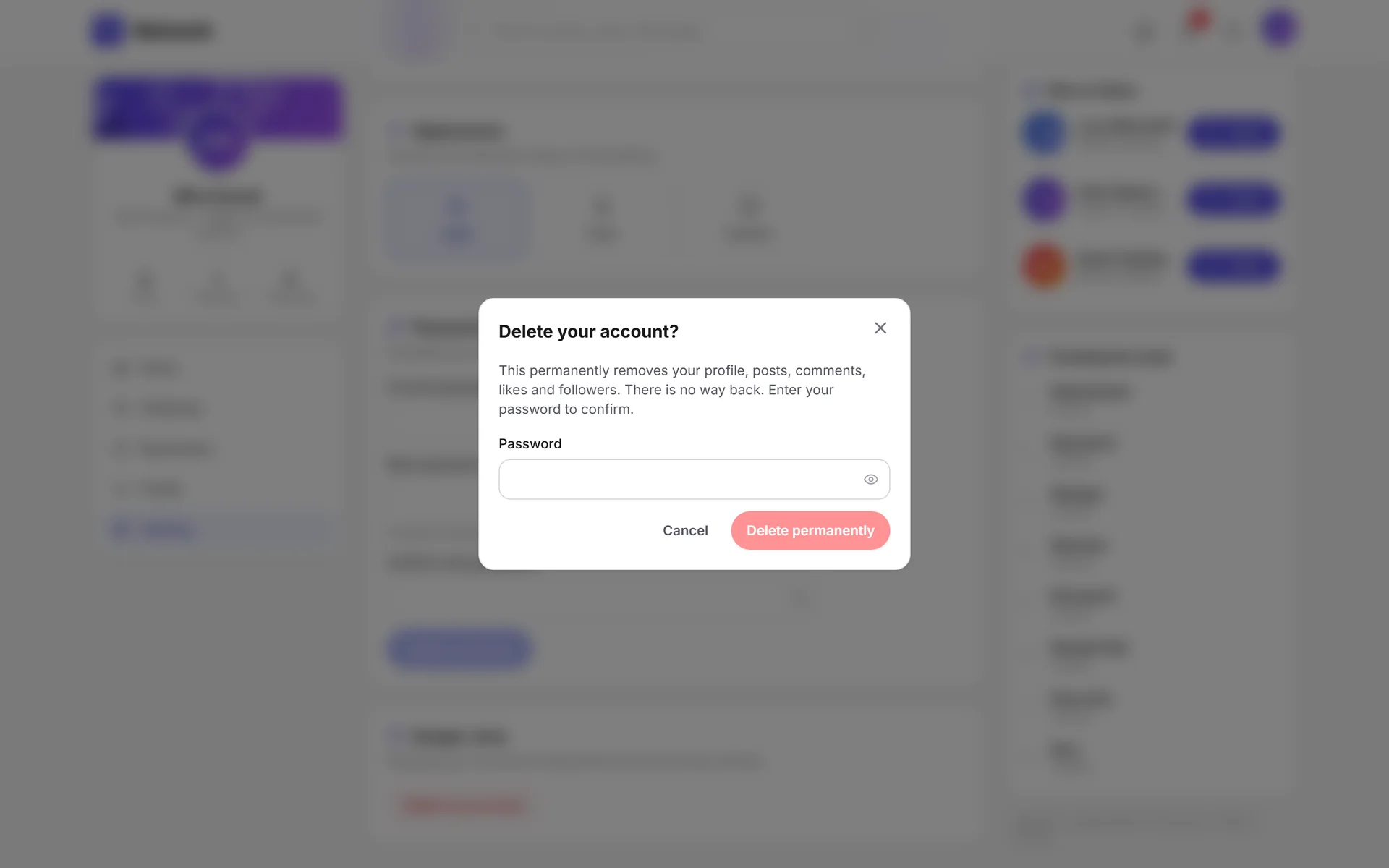 Delete account dialog that lists what gets removed and asks for the password