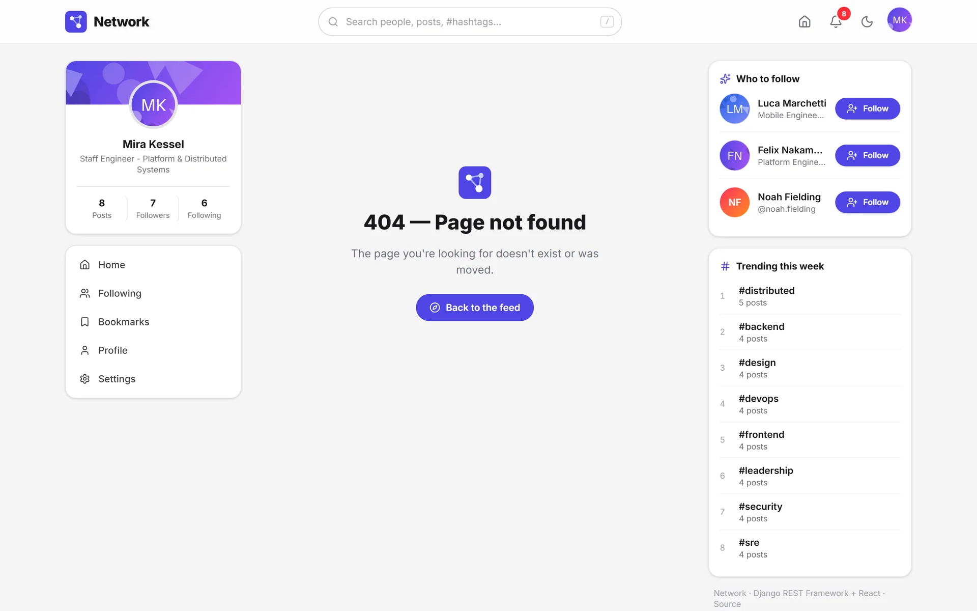 404 page with the logo and a button back to the feed