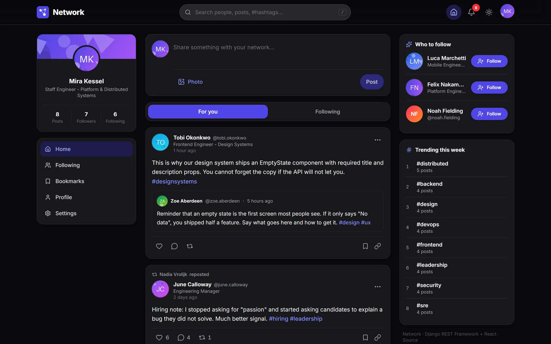 Feed in dark mode with posts, suggestions and trends