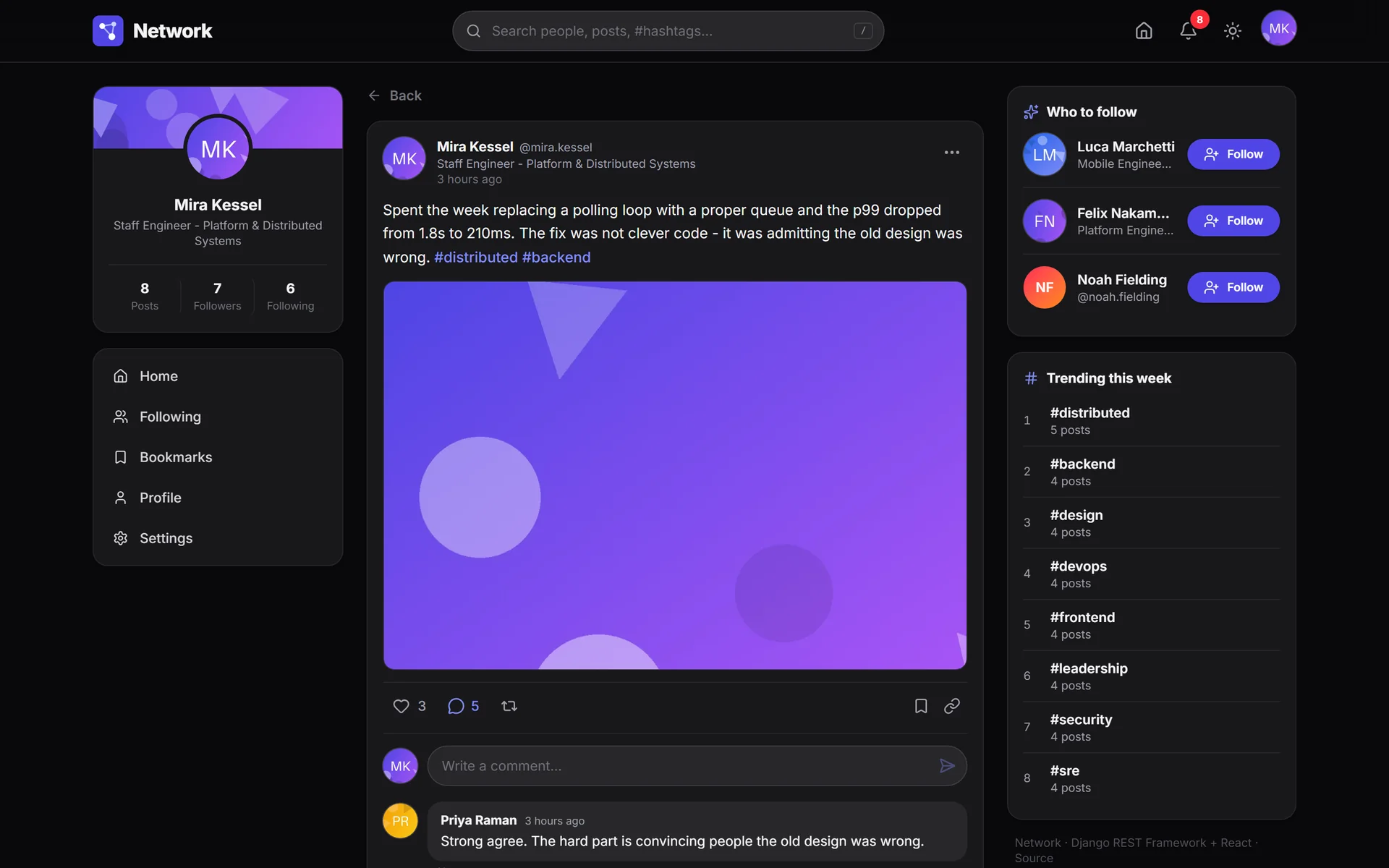 Post detail in dark mode with its comment thread