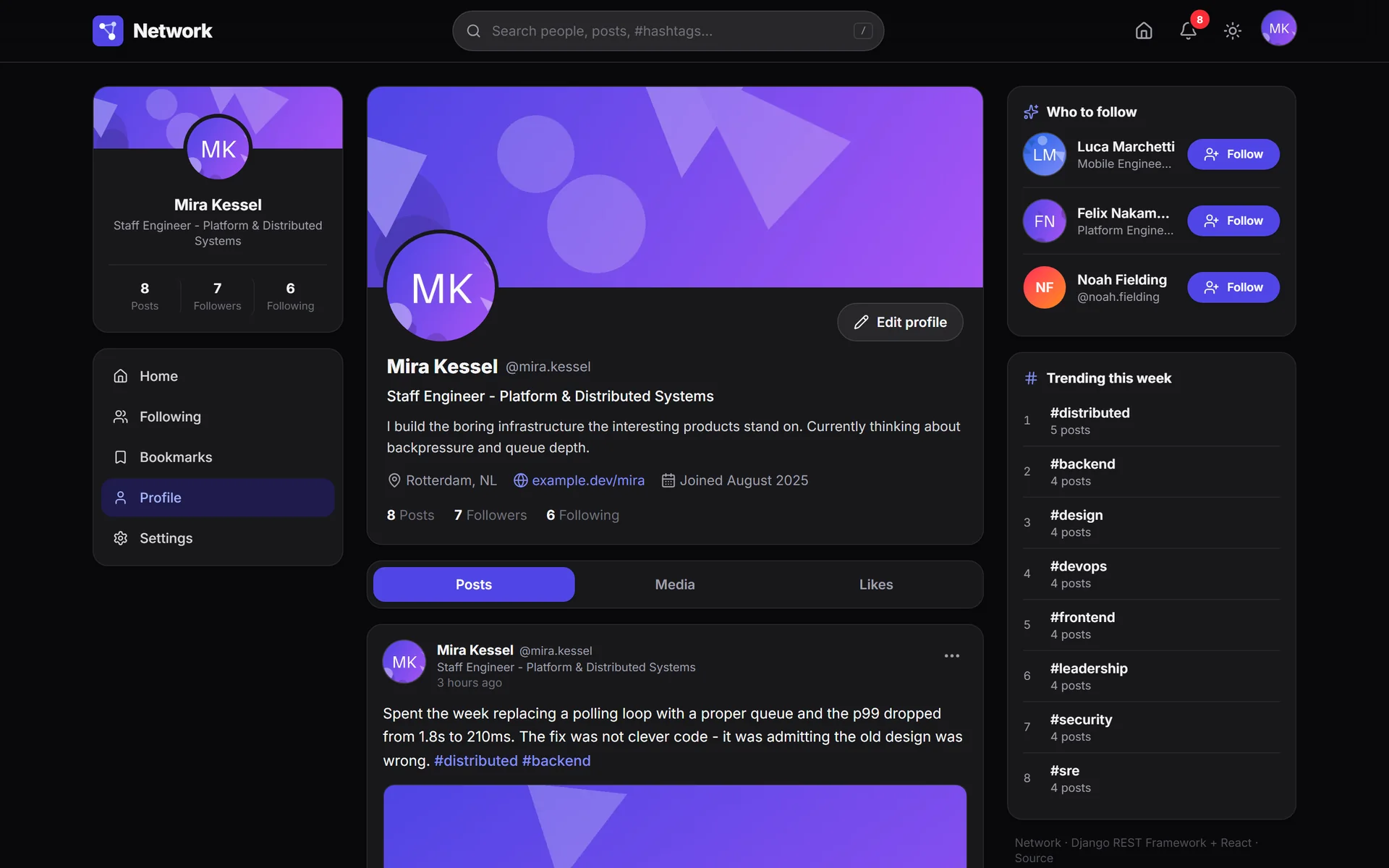 Your own profile in dark mode with cover and counters
