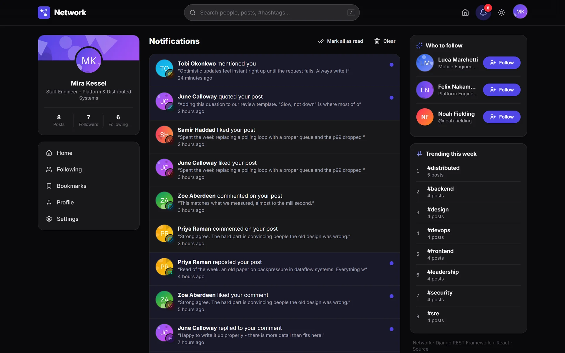 Notifications in dark mode with each kind in its own color
