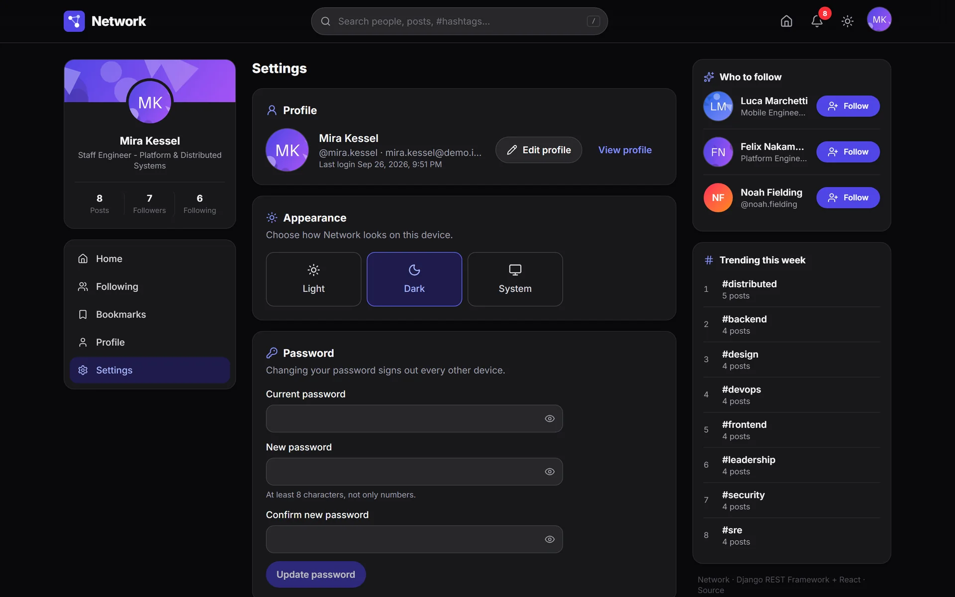 Settings in dark mode with the Dark option selected