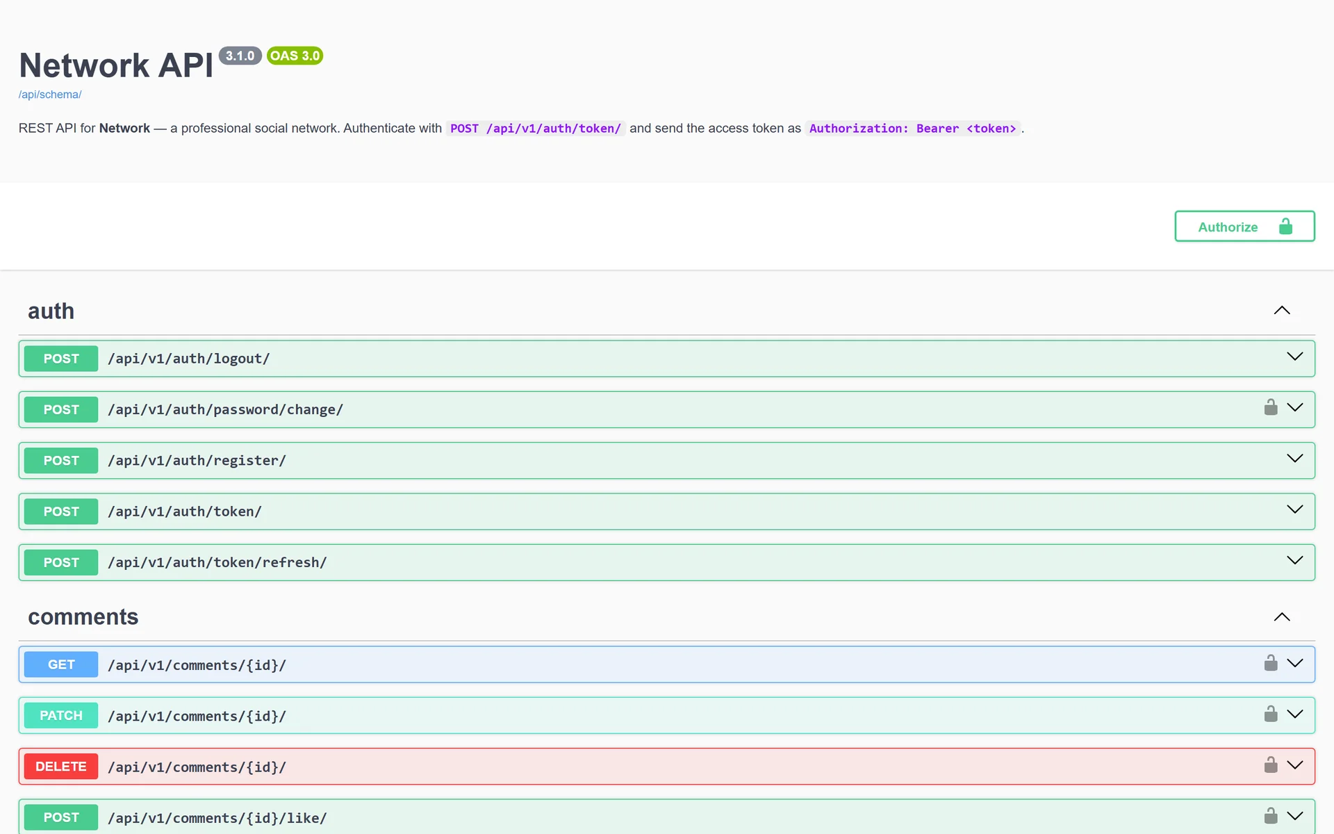 Swagger UI for the Network 3.1.0 API with the authentication and comment endpoints