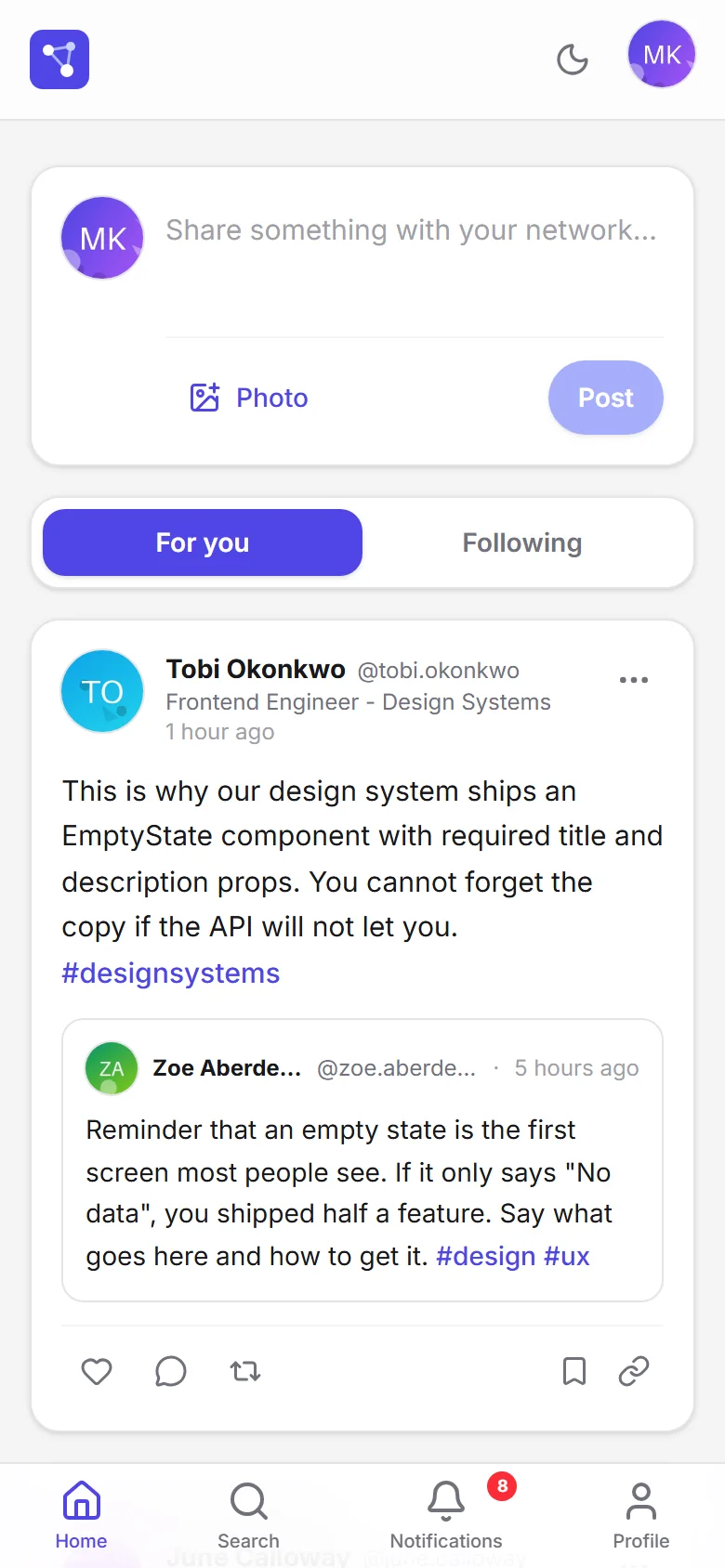 Feed on a phone with the composer, the tabs and the bottom navigation bar