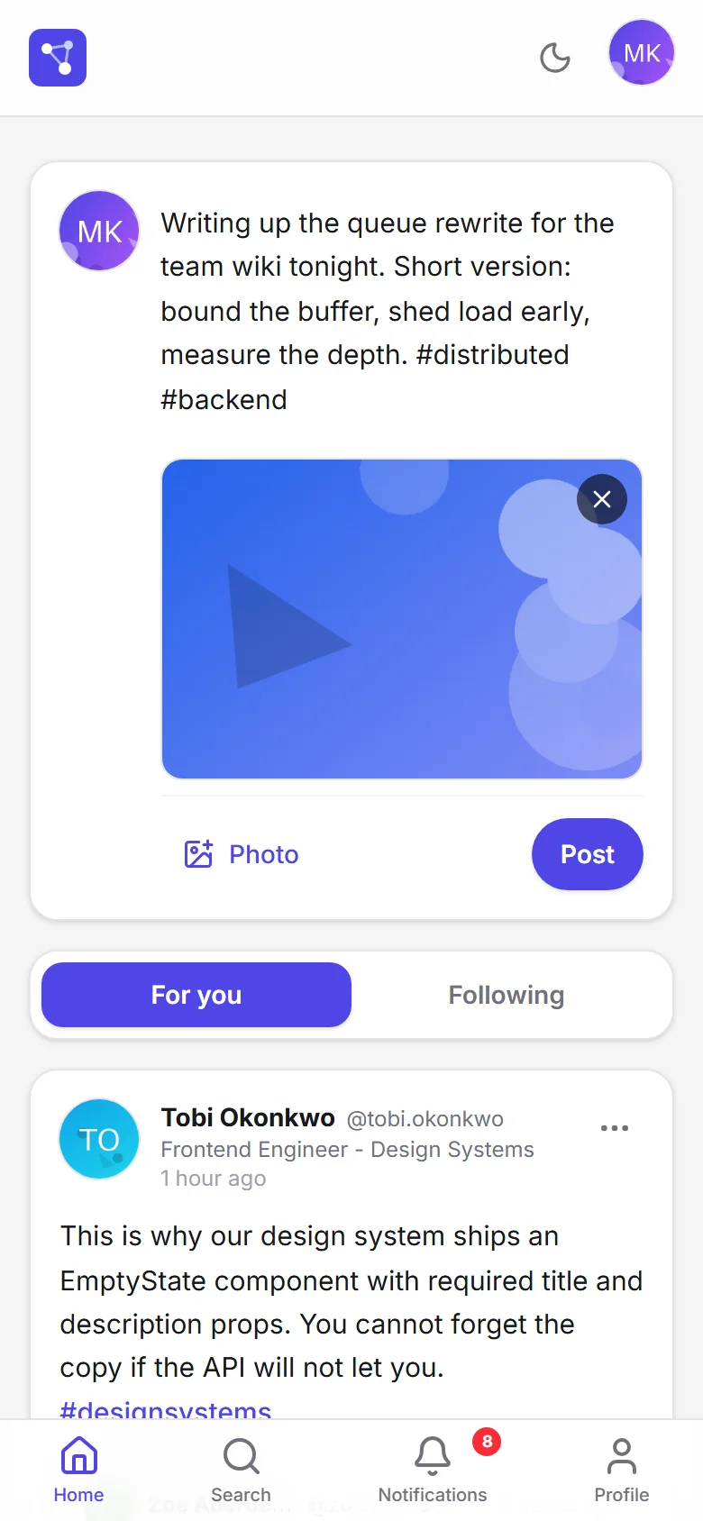 Post composer on a phone with text and an image in preview