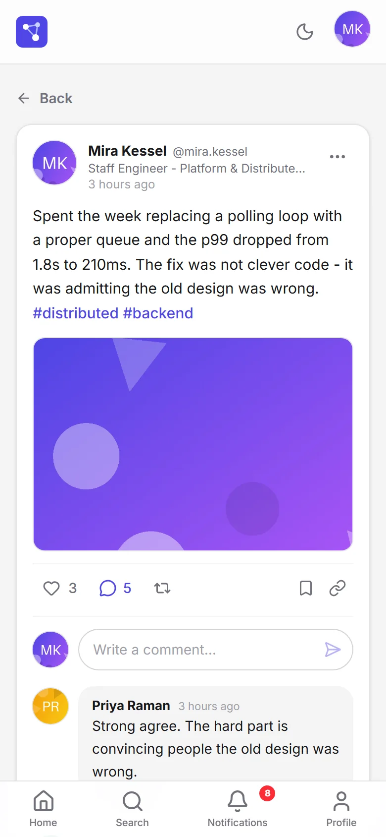 Post detail on a phone with its image and comments