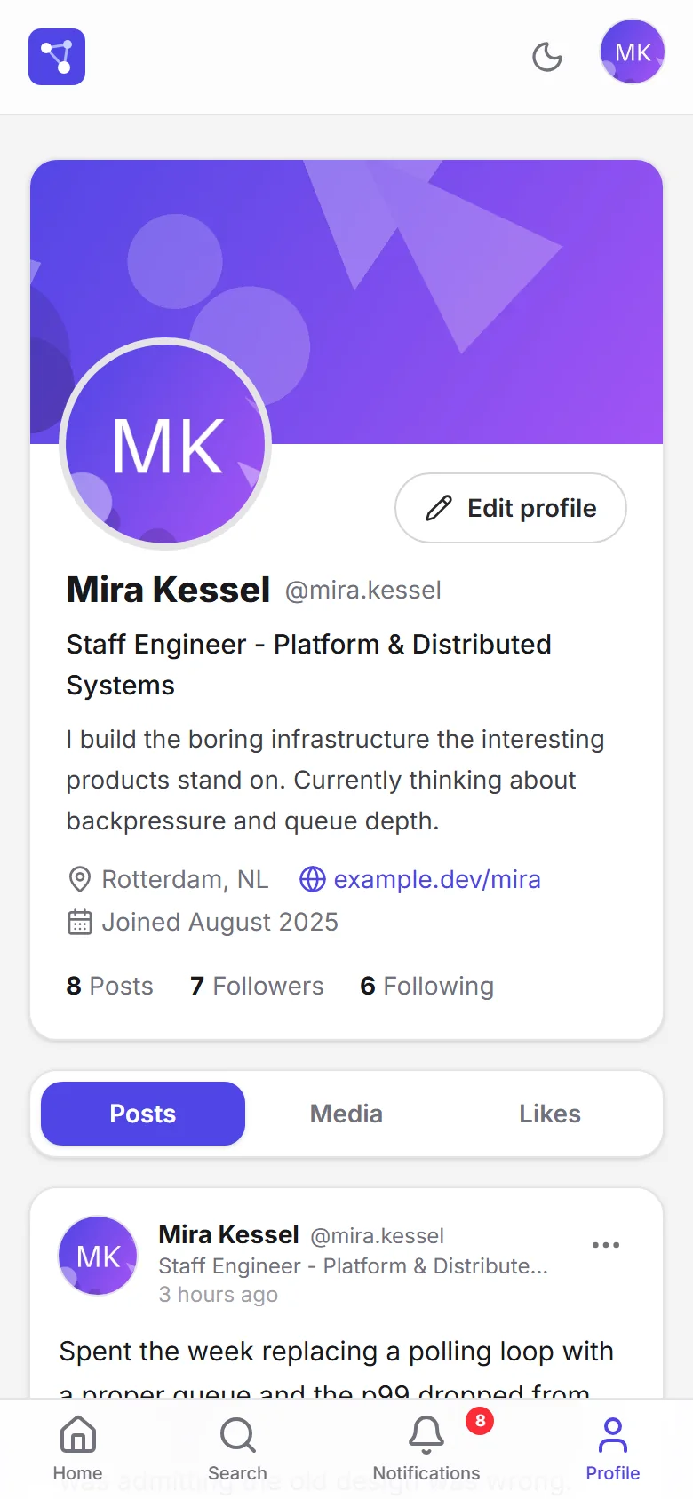 Your own profile on a phone with cover, details, counters and tabs