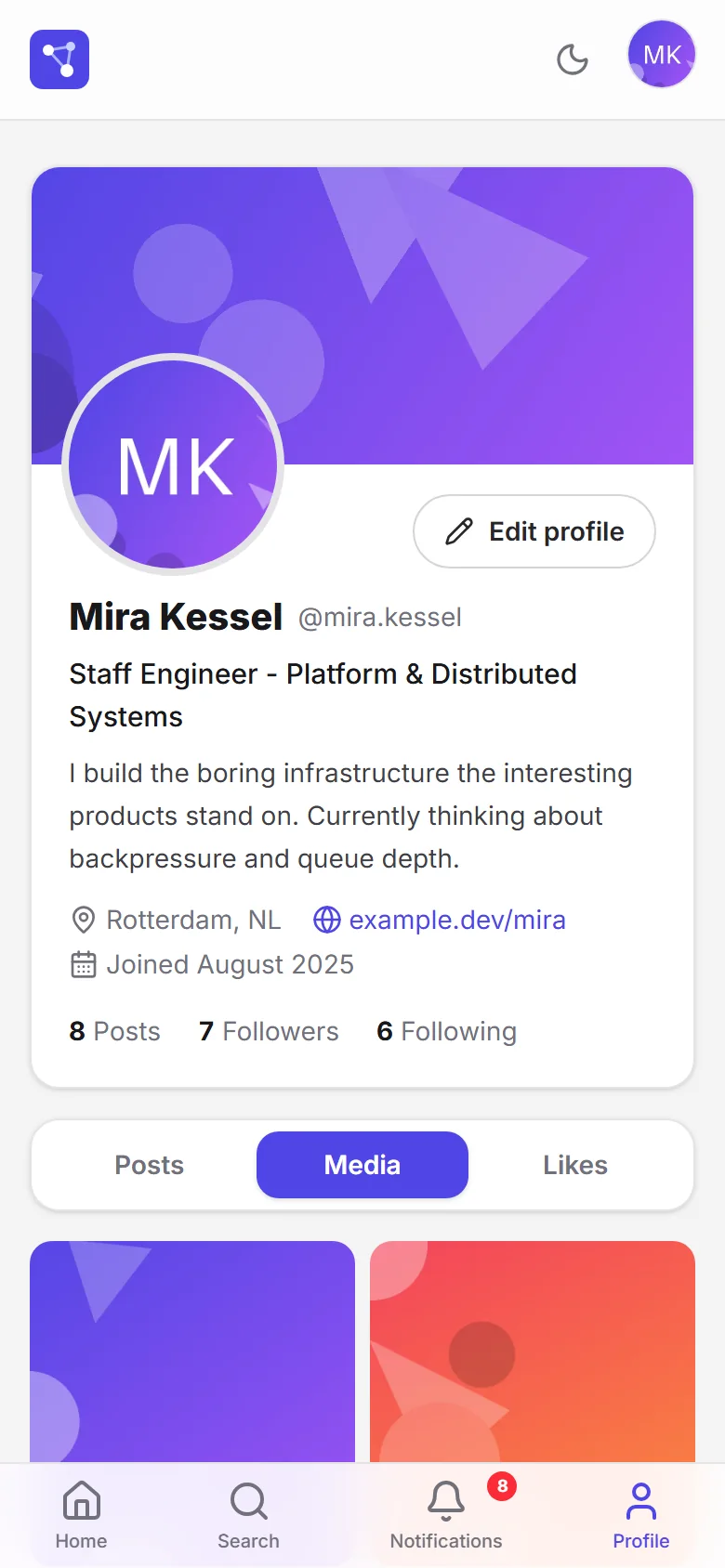 Media tab of a profile on a phone