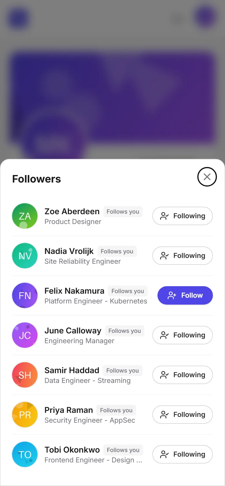 Followers list on a phone, open as a bottom sheet