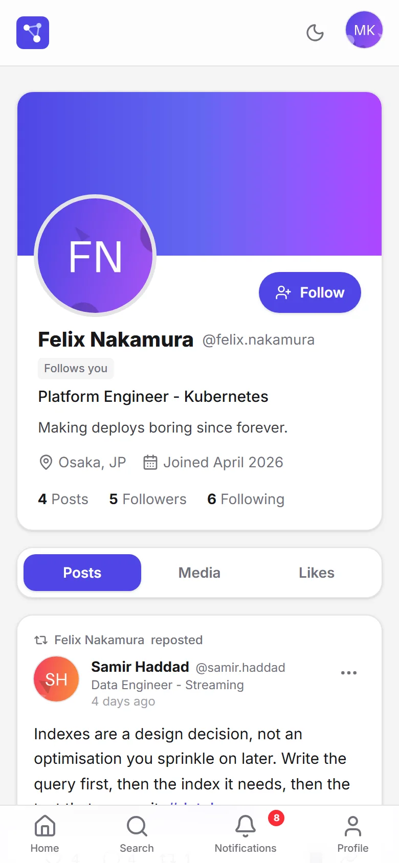 Another person's profile on a phone with the Follow button