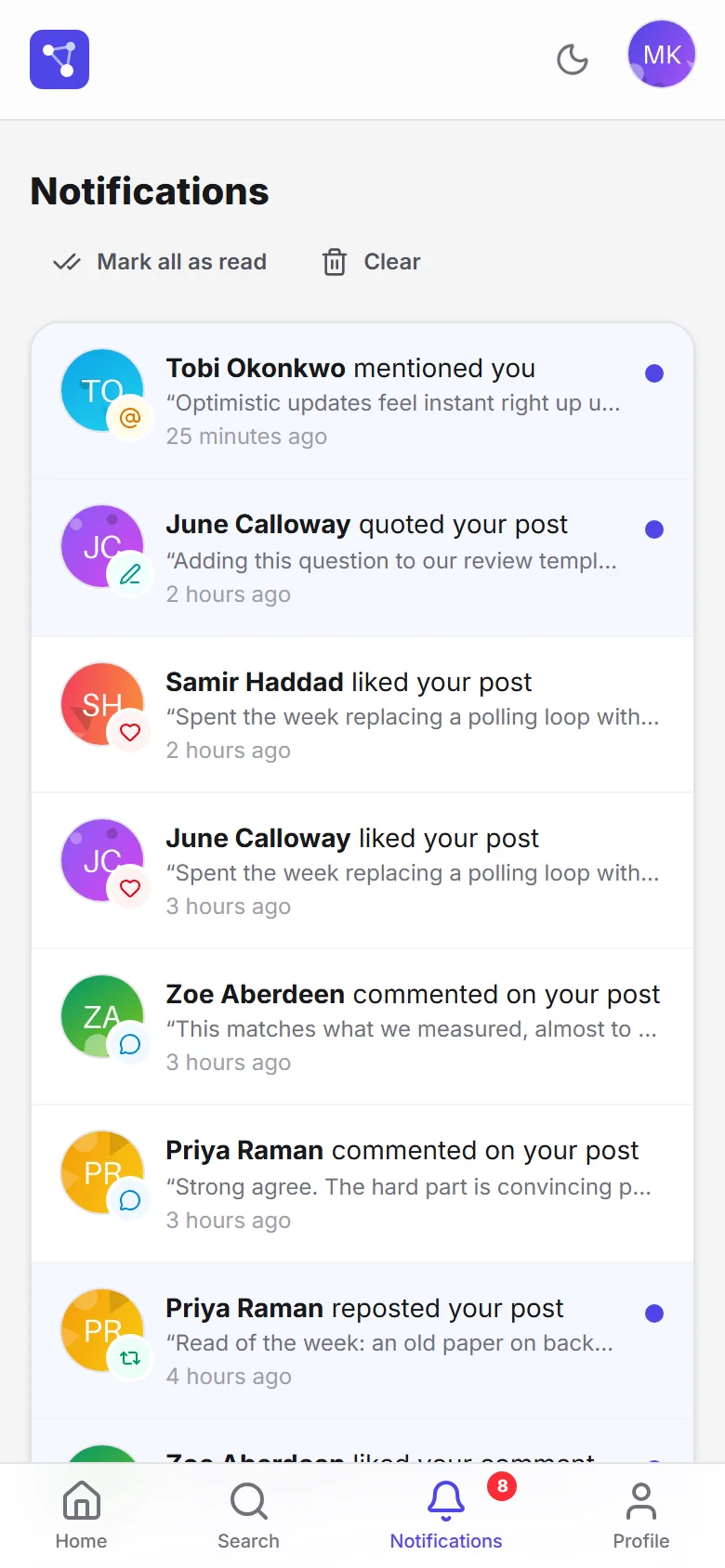 Notifications on a phone with each kind in its own color