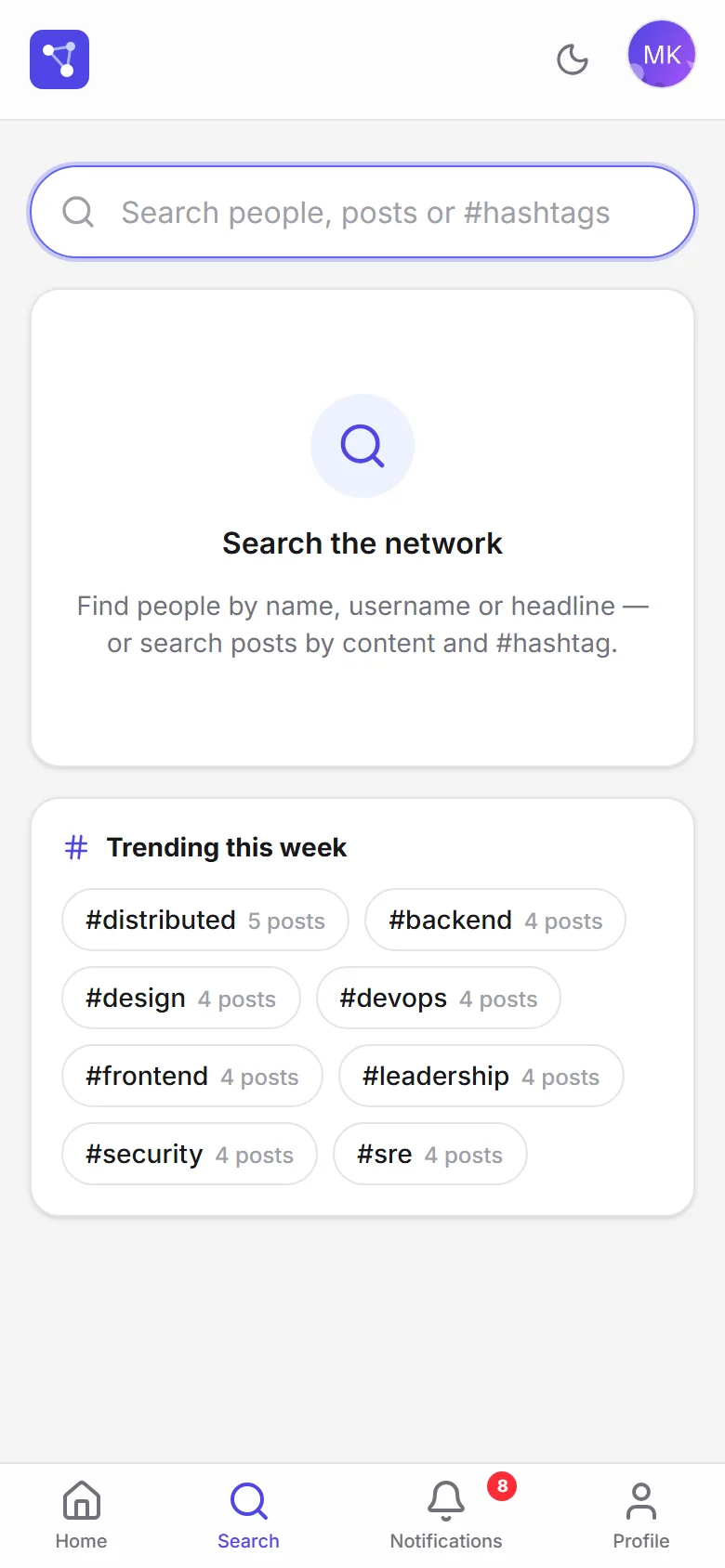 Search with no query on a phone, showing trending hashtags