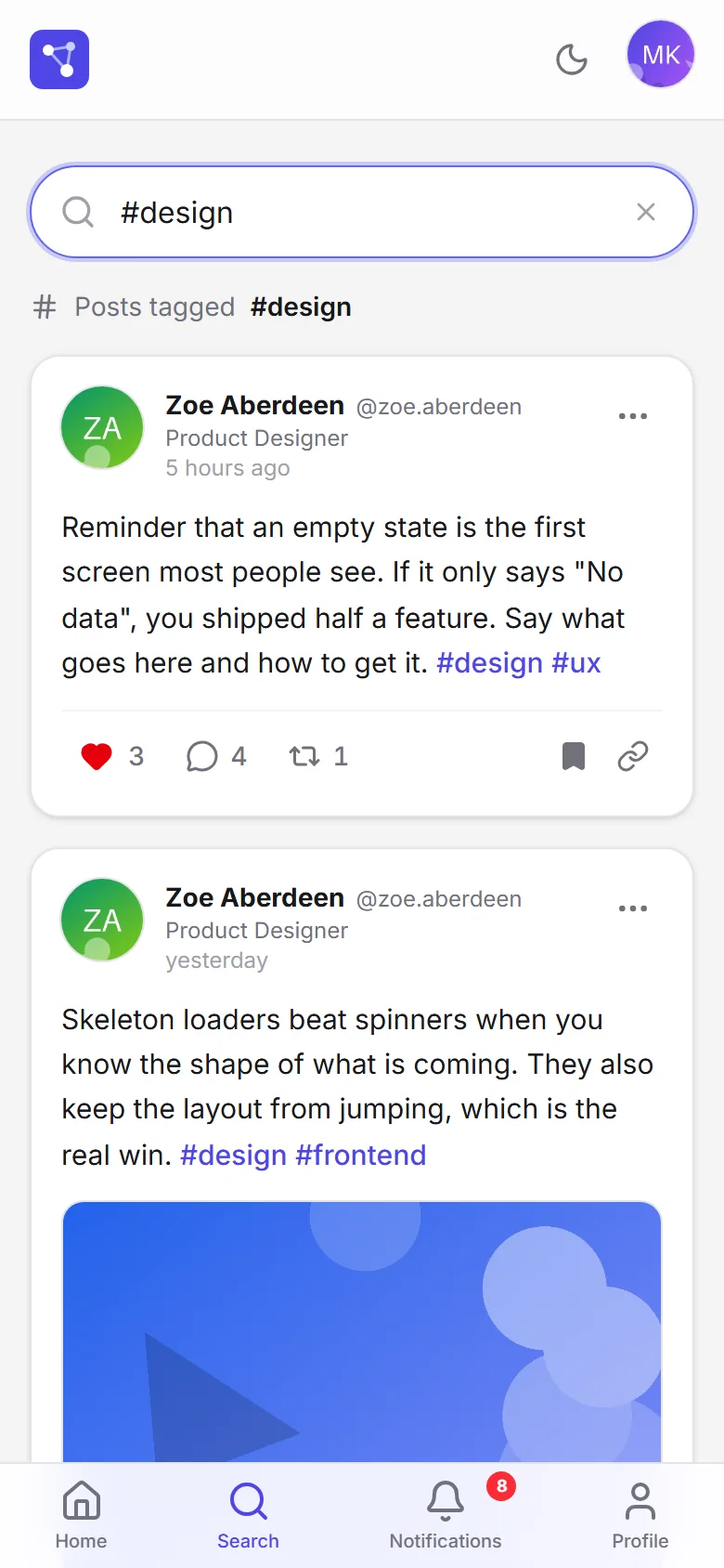 Results for the design hashtag on a phone