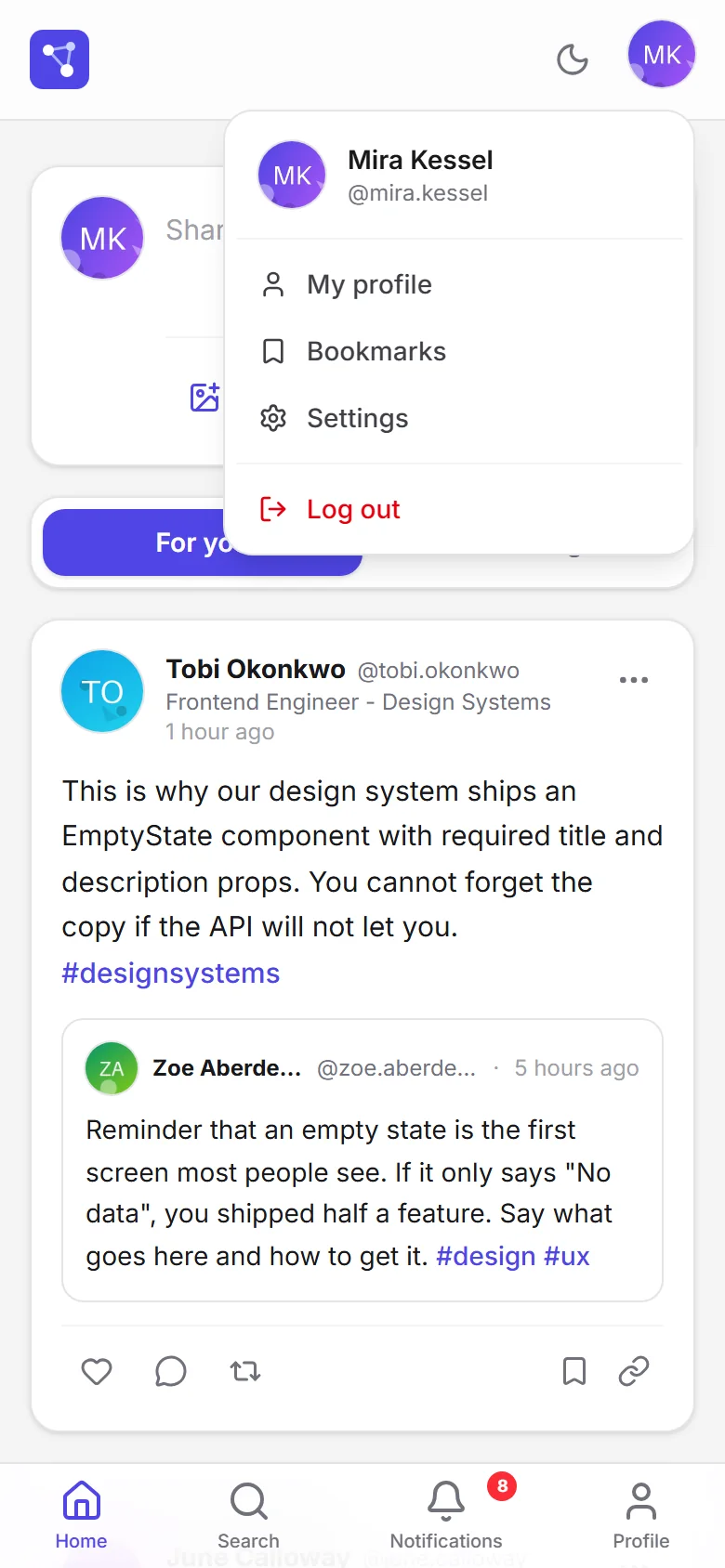 Account menu open on a phone with profile, bookmarks, settings and sign out
