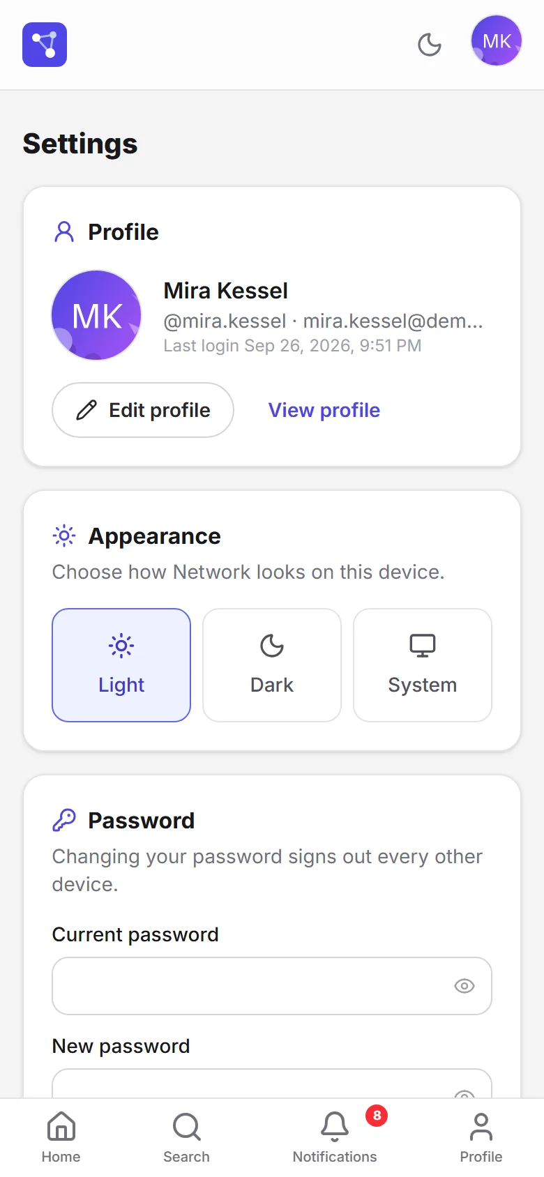 Settings on a phone with profile, appearance and password