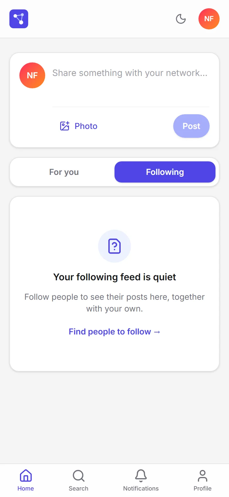 Empty Following feed on a phone with a link to find people