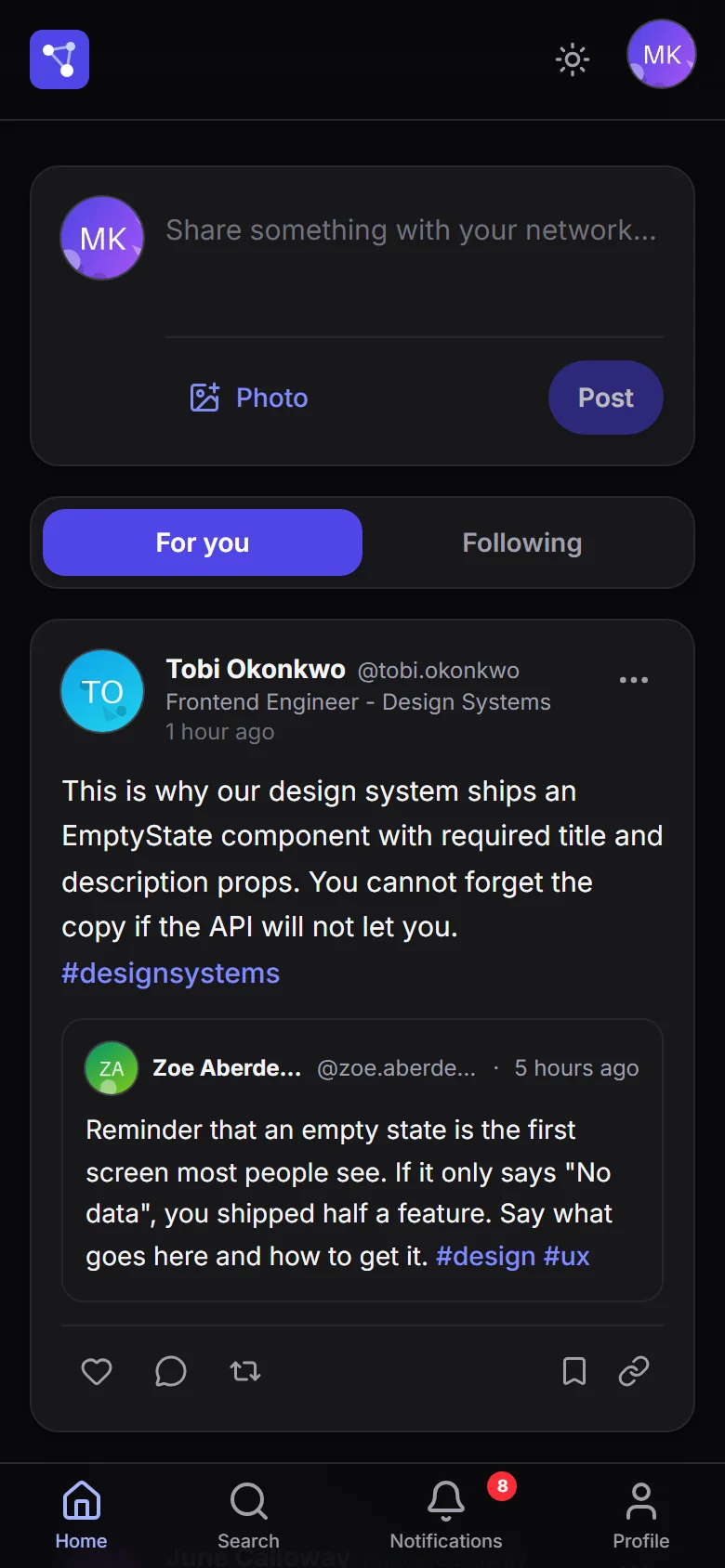 Feed in dark mode on a phone