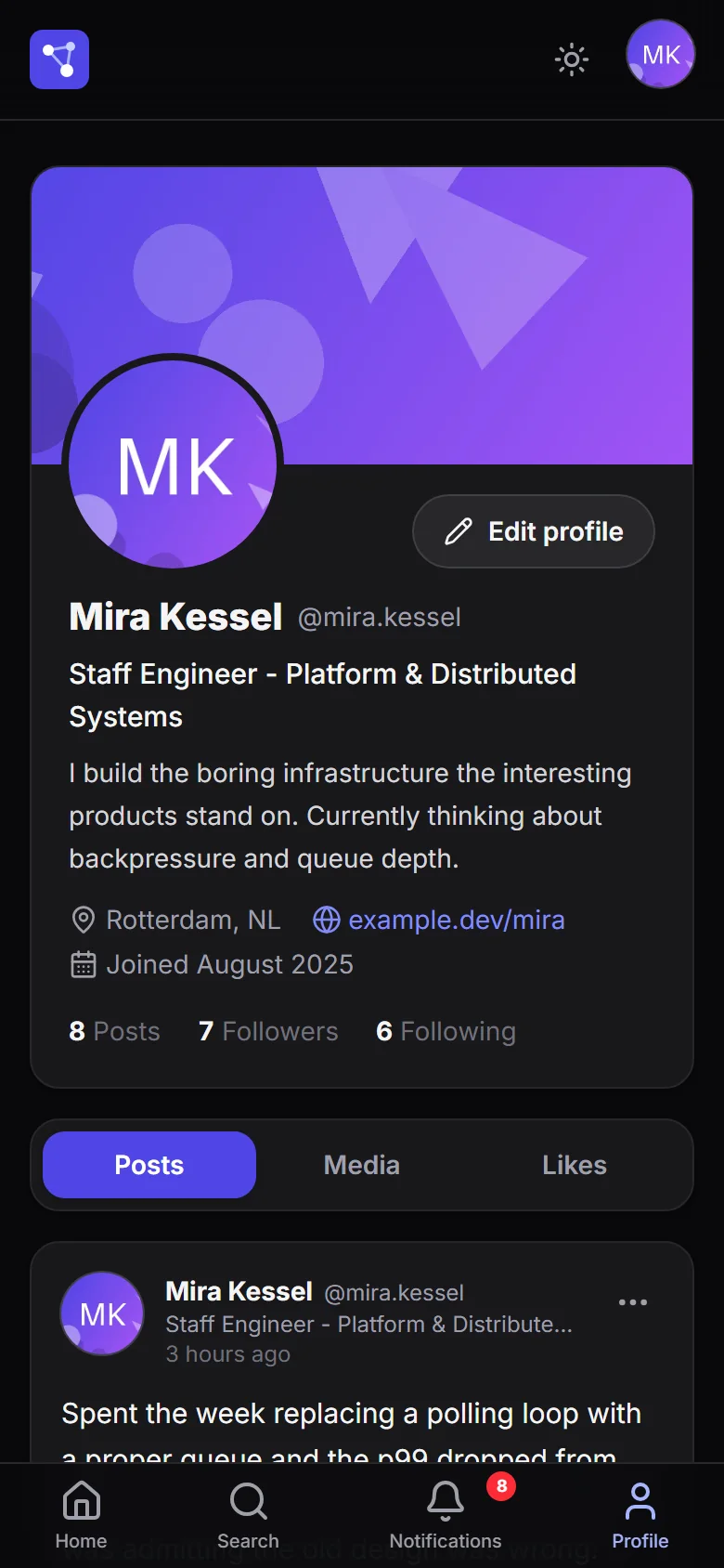 Your own profile in dark mode on a phone