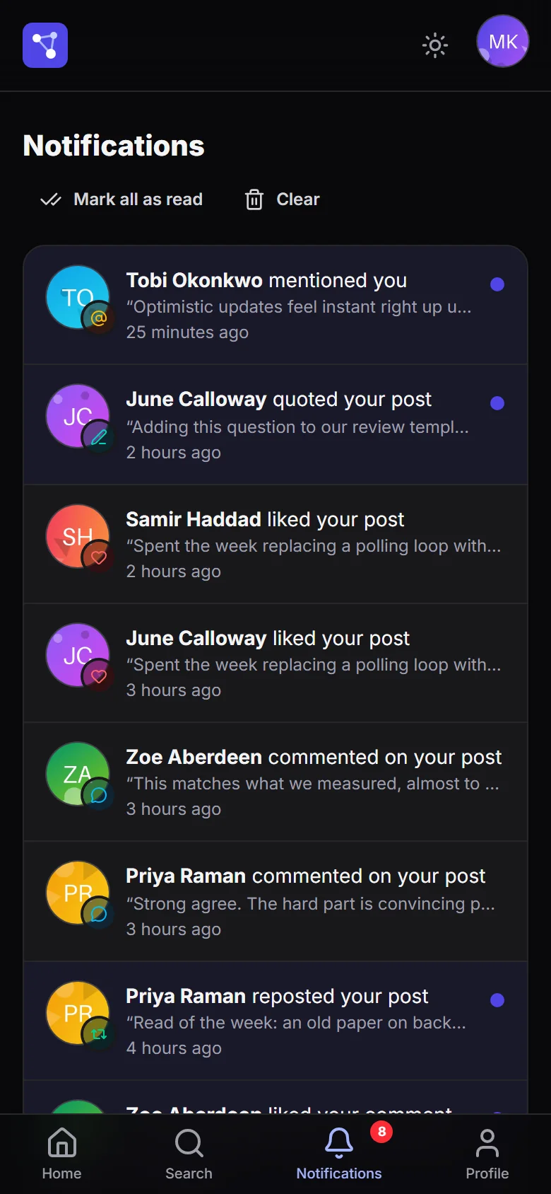 Notifications in dark mode on a phone