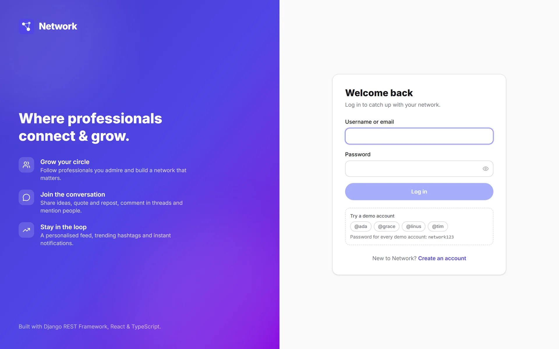 Sign-in screen with a brand panel and the demo accounts box with their password
