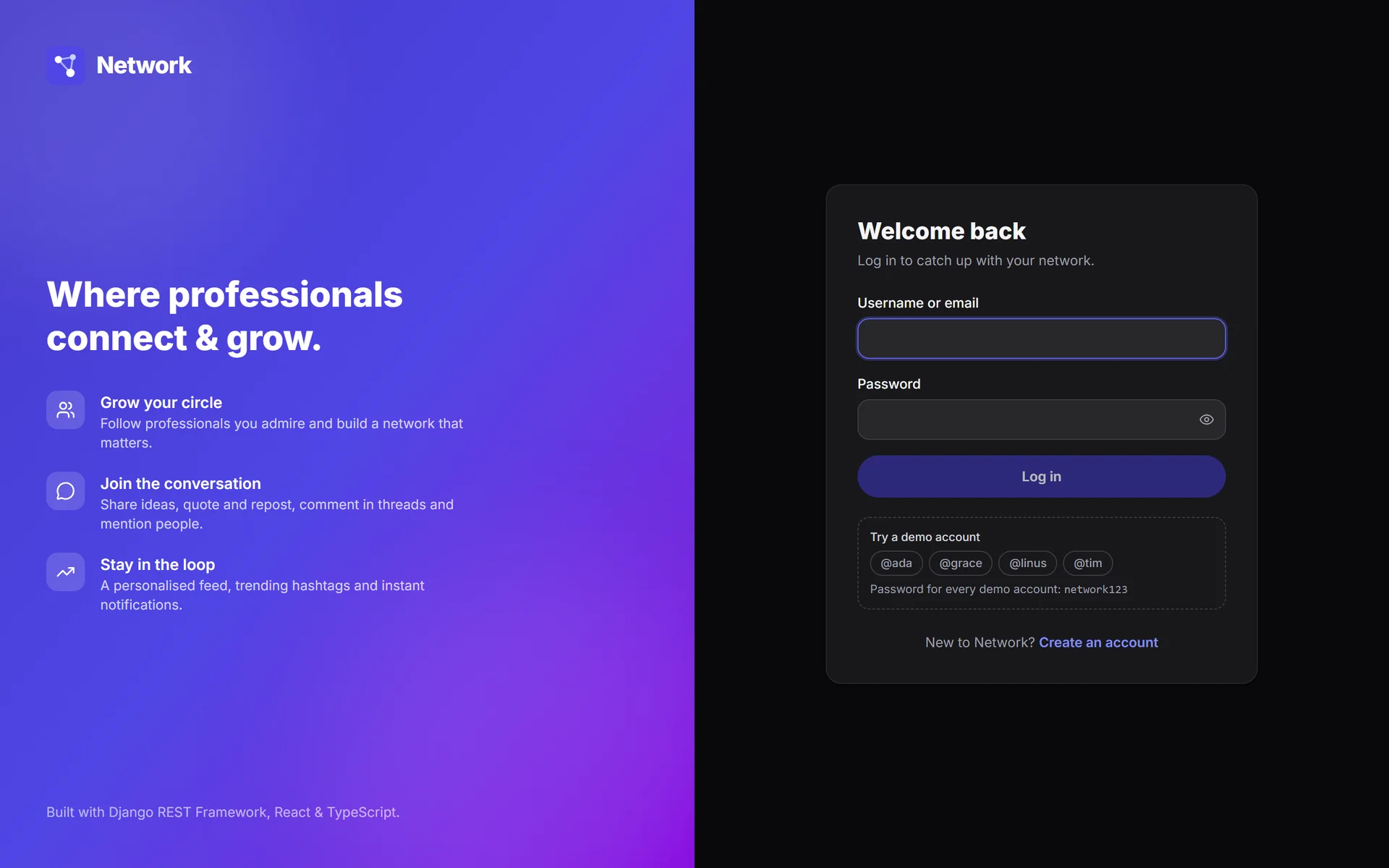 Sign-in screen in dark mode with the demo accounts box