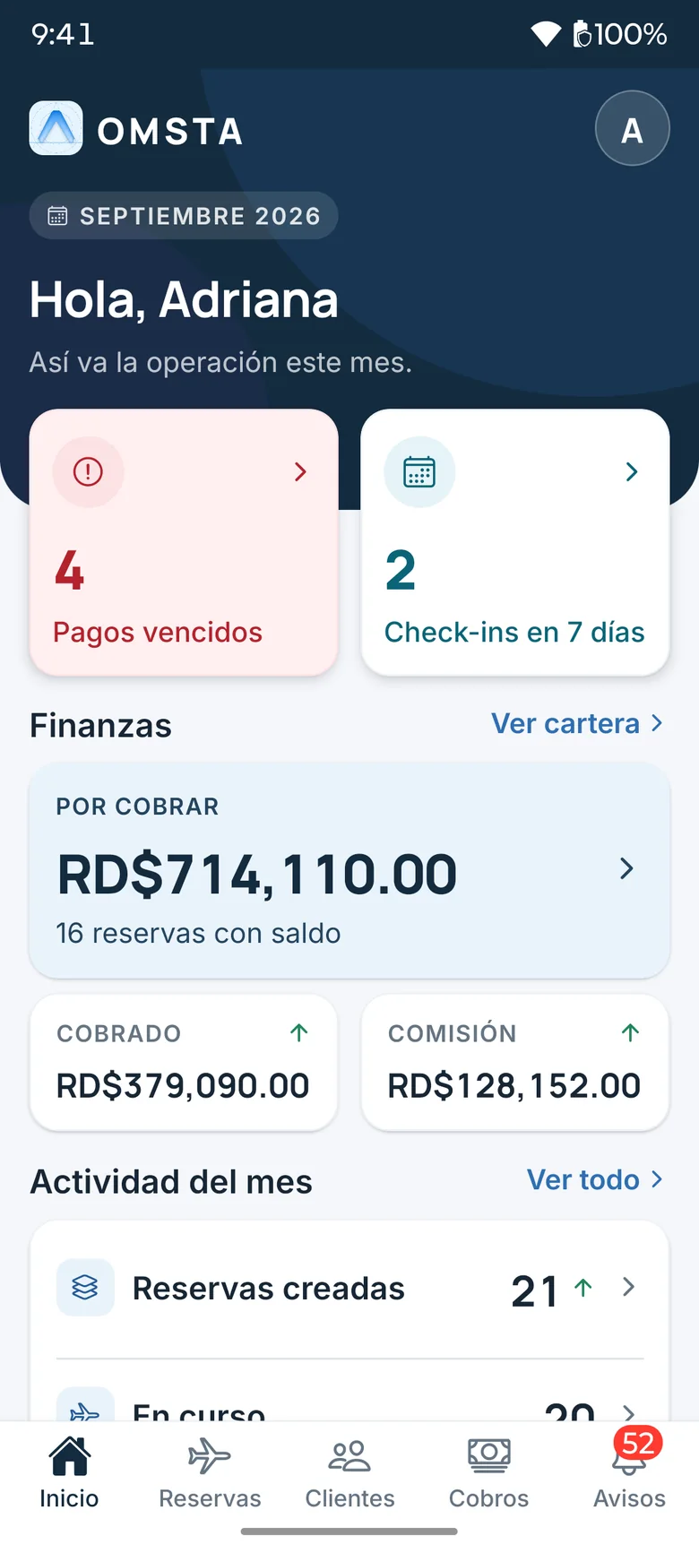 Mobile app home with overdue payments, upcoming check-ins, balance due, amount collected and the month's commission