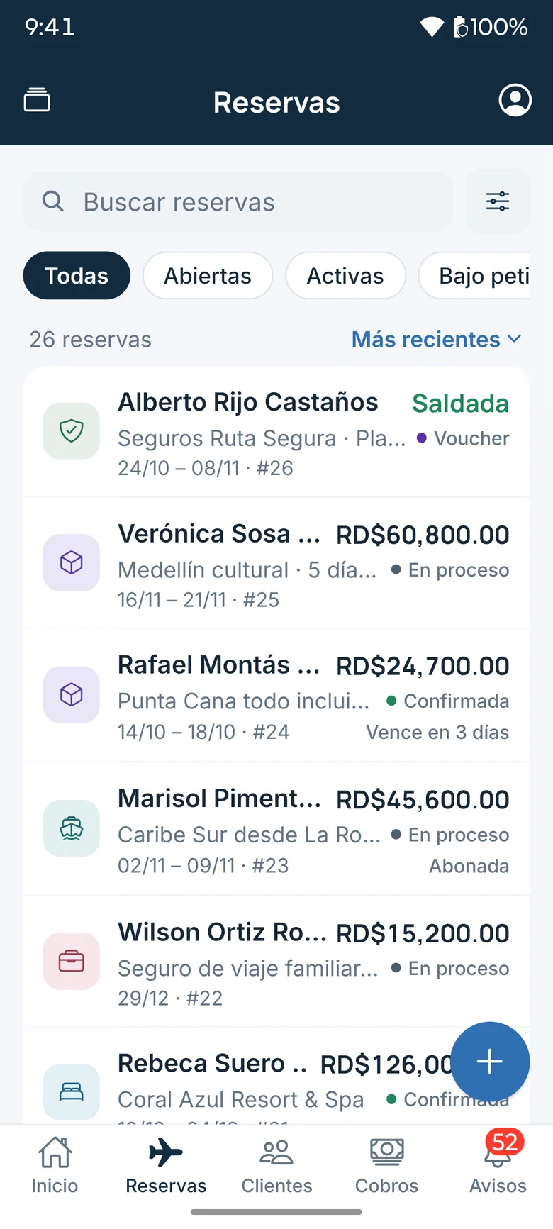 Booking list in the app with search, filters, amounts and statuses