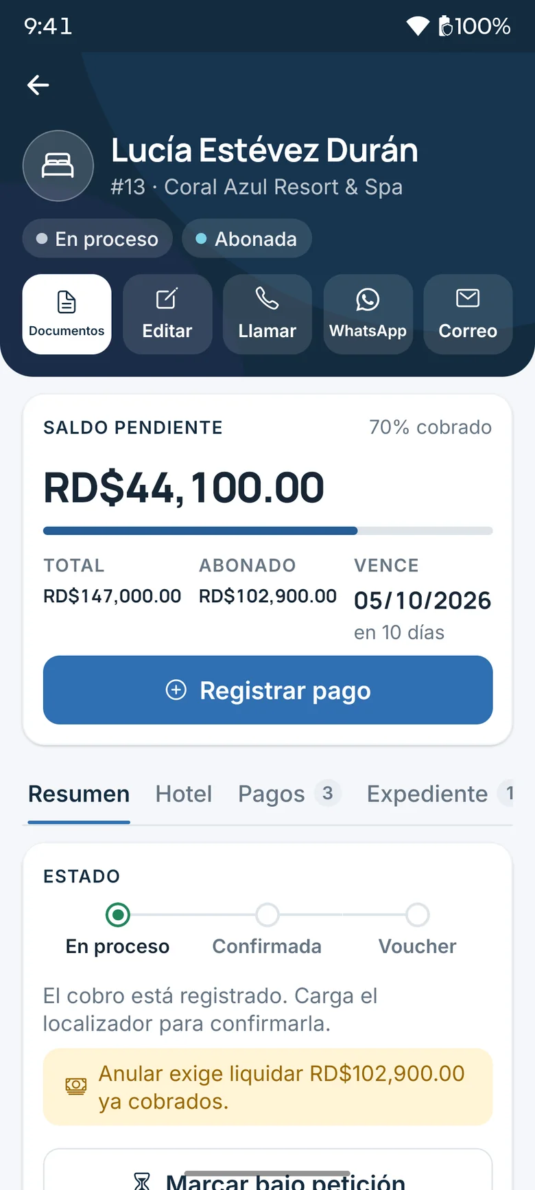 Booking record in the app with outstanding balance, 70% collected, due date and quick actions