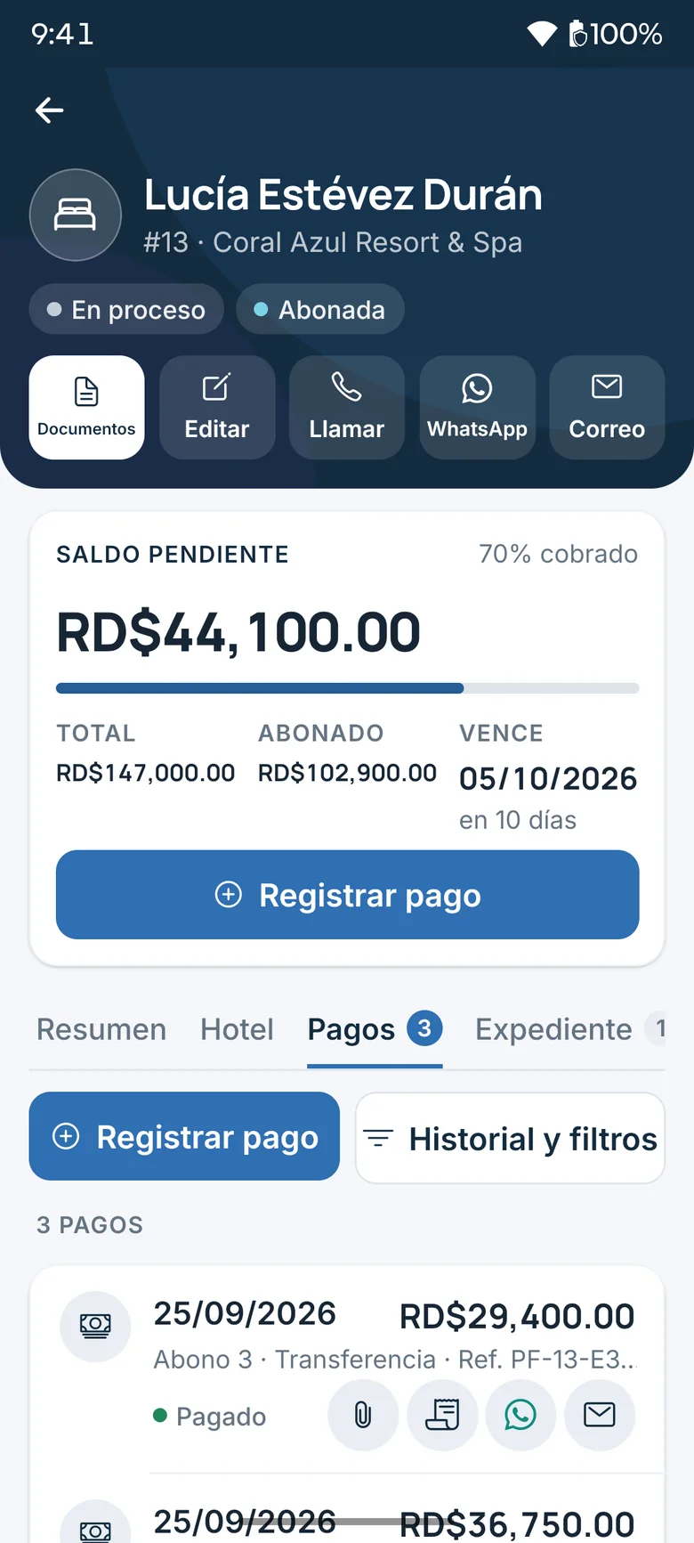 Payments tab of a booking in the app, with a receipt, WhatsApp and email for each payment