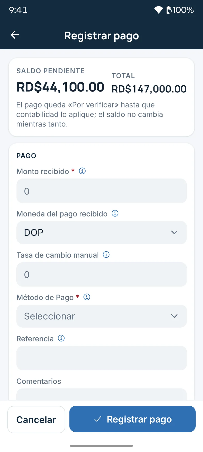 App form to record a payment that stays pending review until accounting applies it