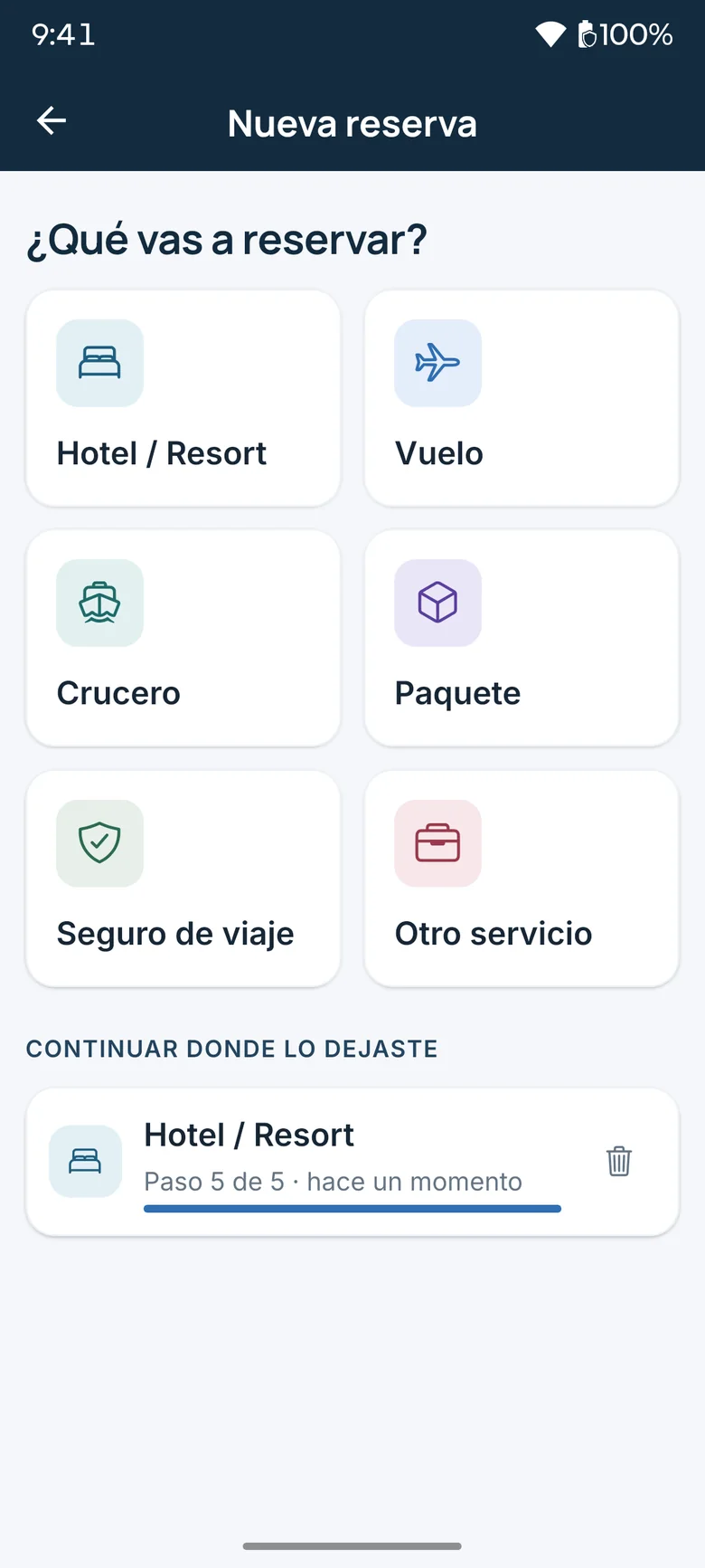 Picker with six product types and a saved draft to continue