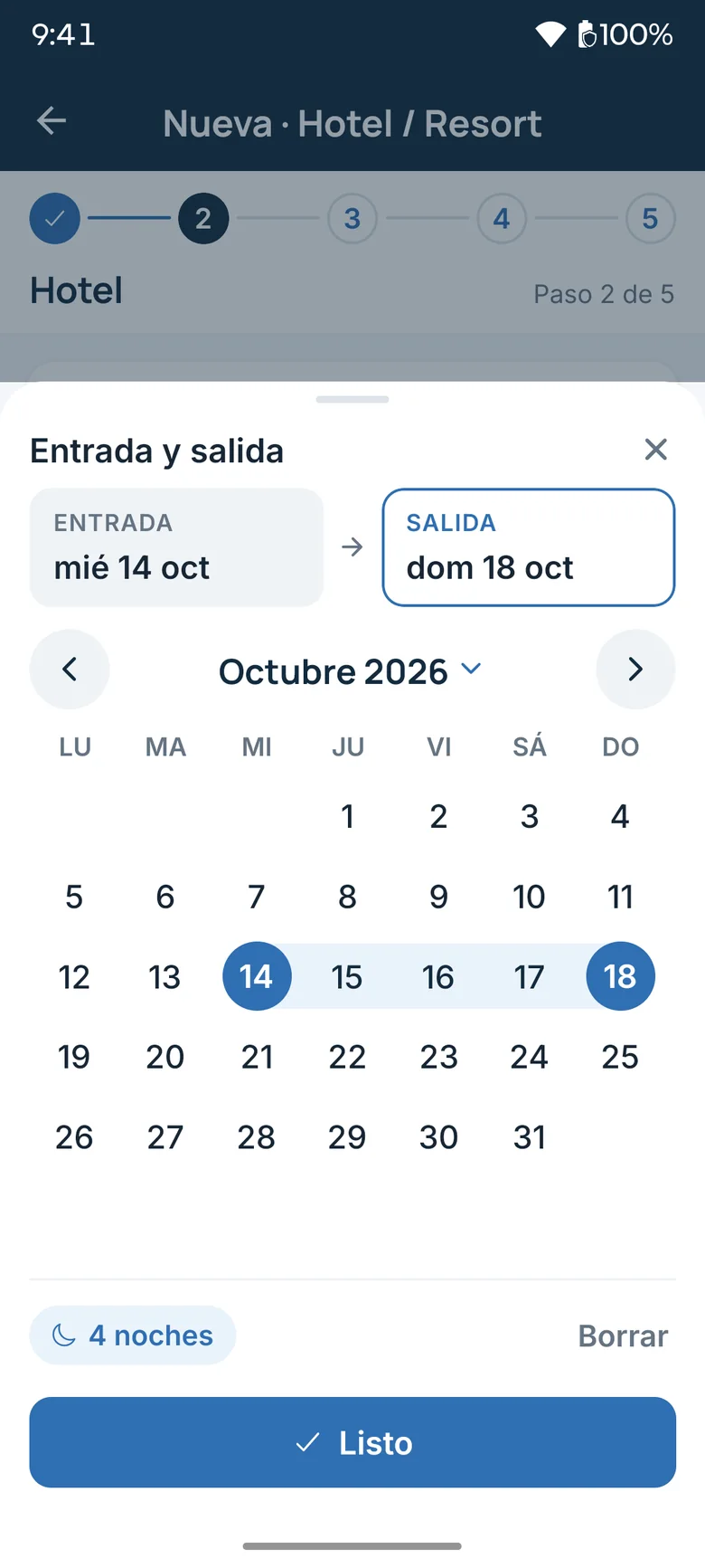 The wizard's date-range calendar with check-in, check-out and four nights
