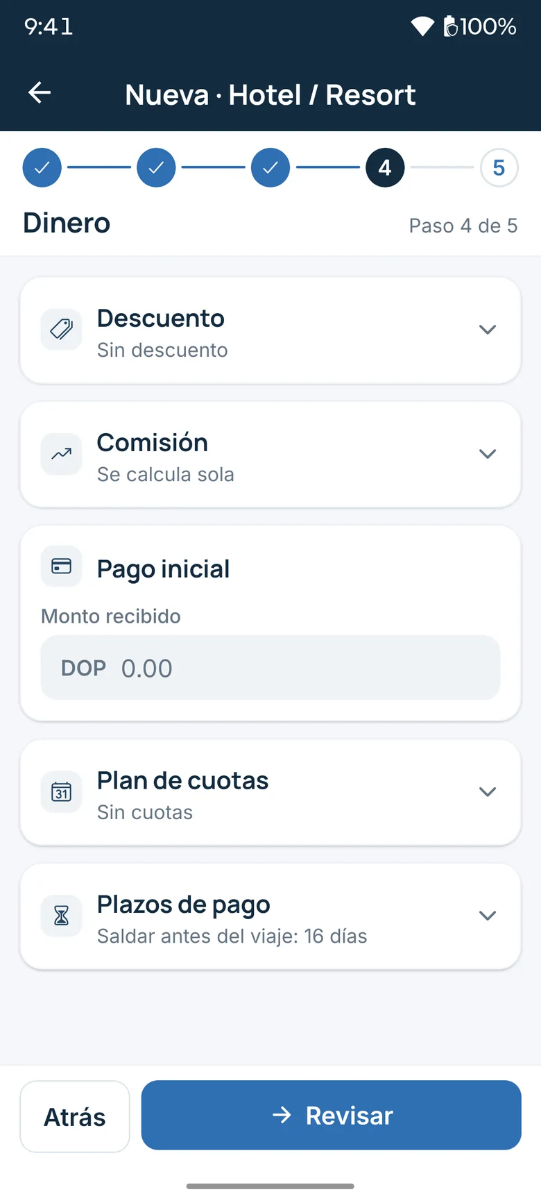 Money step of the wizard with discount, commission, down payment and installments