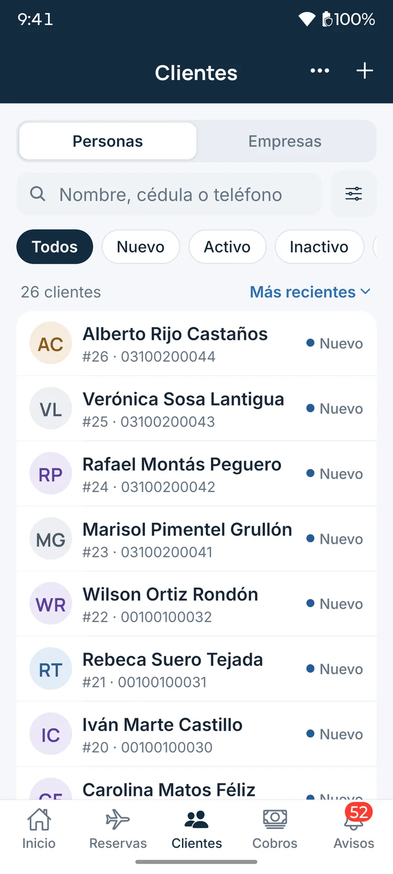 Client list in the app with individuals and companies and status filters