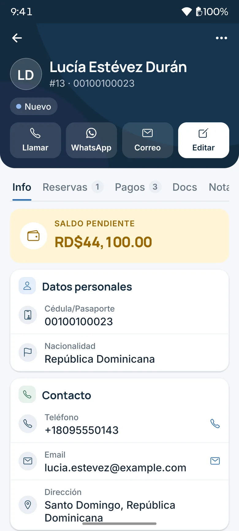 Client record in the app with outstanding balance and call, WhatsApp and email buttons